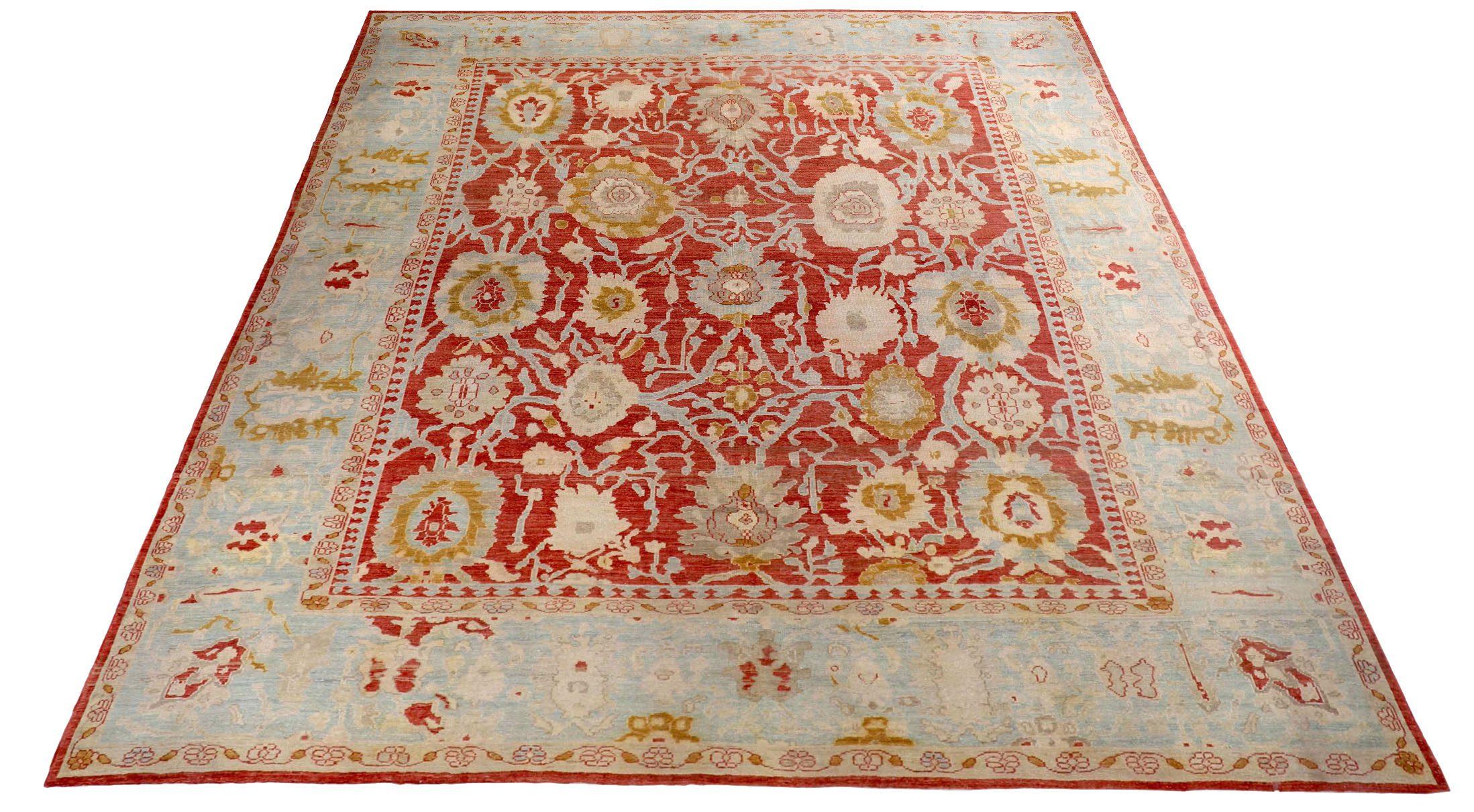 Entdecken Sie die Eleganz des persischen Oushak mit Teppichen aus der Zeit um 1990. Dieses exklusive Design aus Wolle und Blau-Elfenbein-Rot ist perfekt, um Ihren Raum zu verschönern.