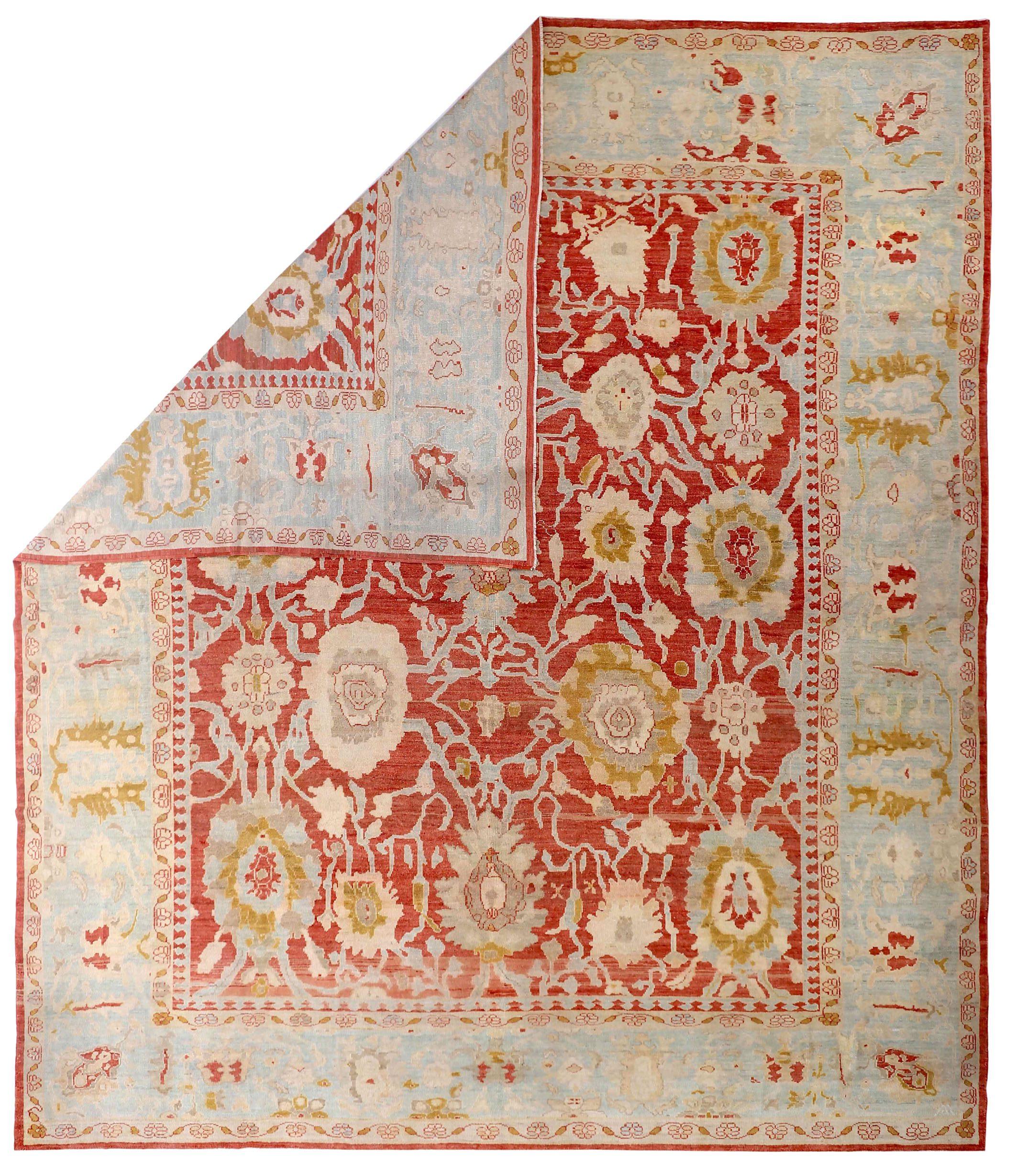 Persische Oushak-Teppiche Circa 1990 - Wolle Blau Elfenbein Rot Design - 89022 (Asiatisch) im Angebot