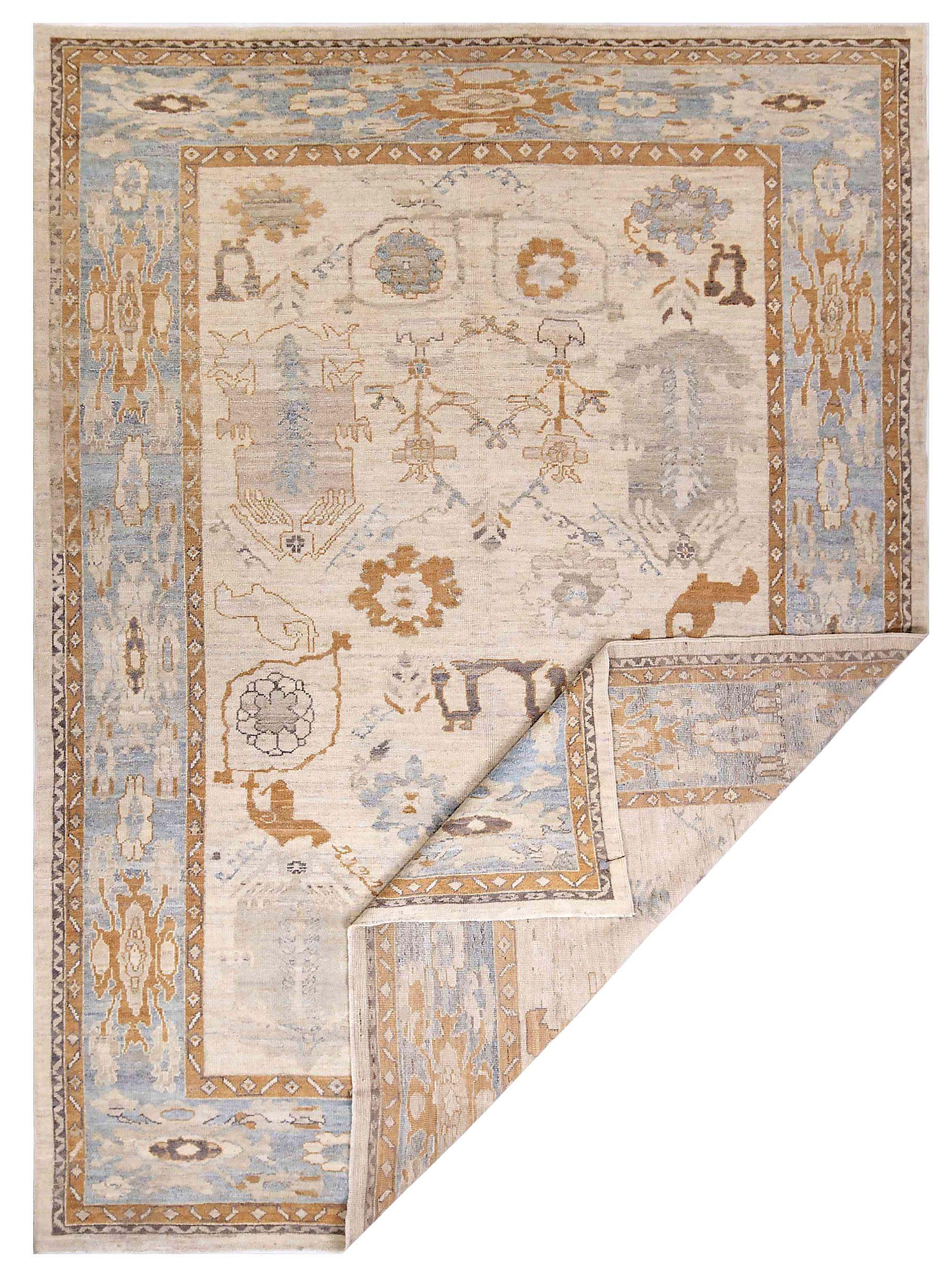 Asian Persian Oushak Area Rugs Circa 1990 - Wool Blue Ivory Yellow Design - 89000 For Sale