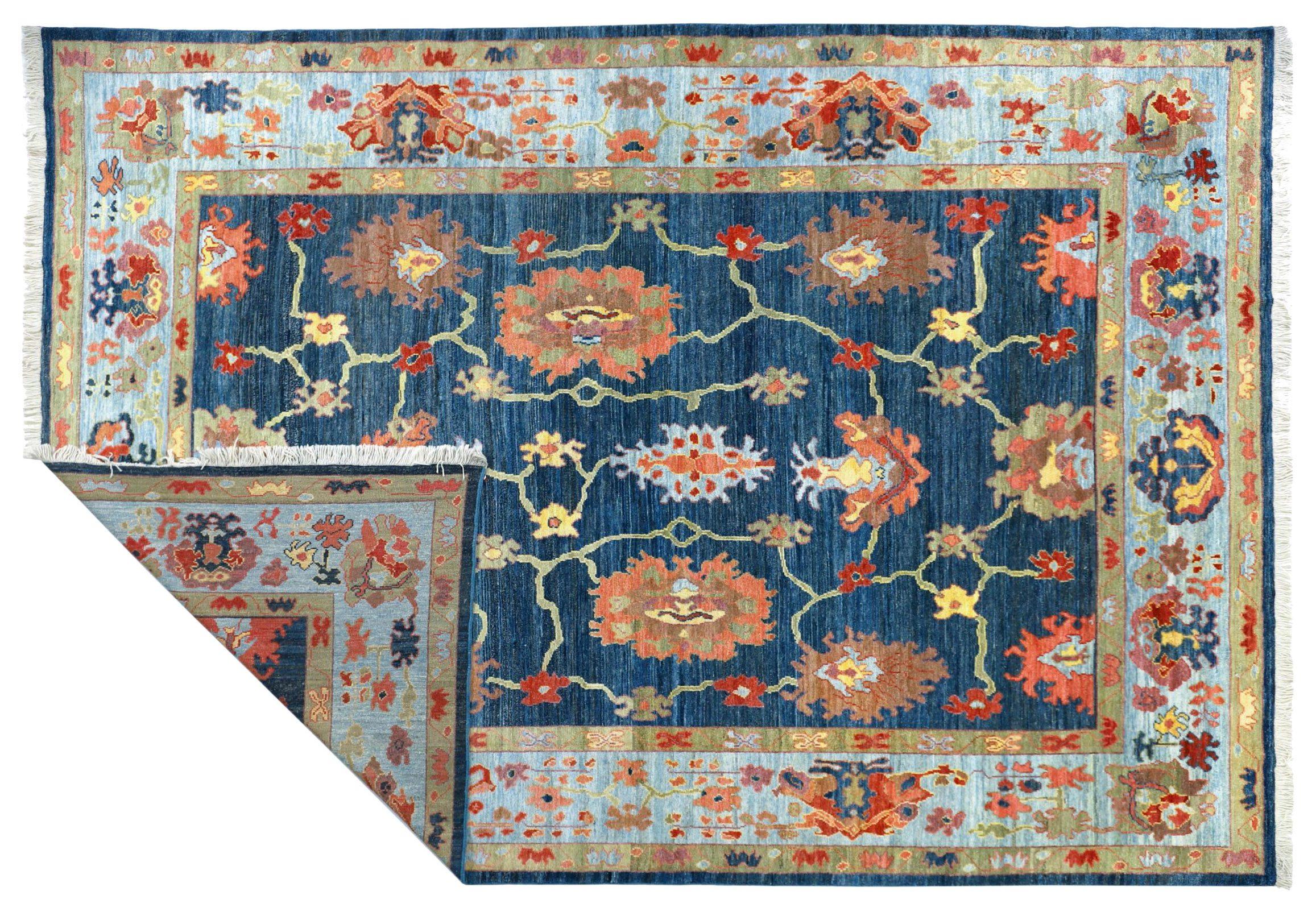 Alfombras Persas Oushak Circa 1990 - Lana Azul Marino Azul Naranja Diseño - 89958 Asiático en venta