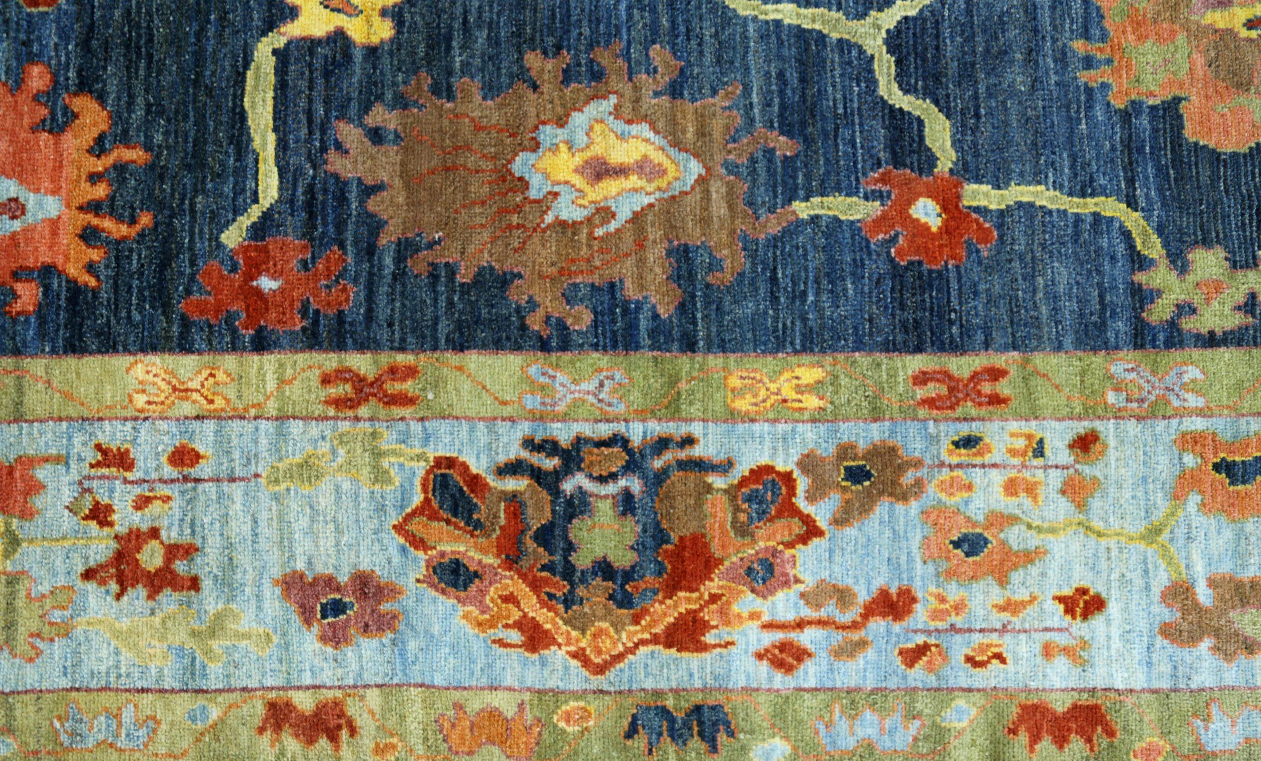 Alfombras Persas Oushak Circa 1990 - Lana Azul Marino Azul Naranja Diseño - 89958 en Excelente estado para la venta en Dallas, TX
