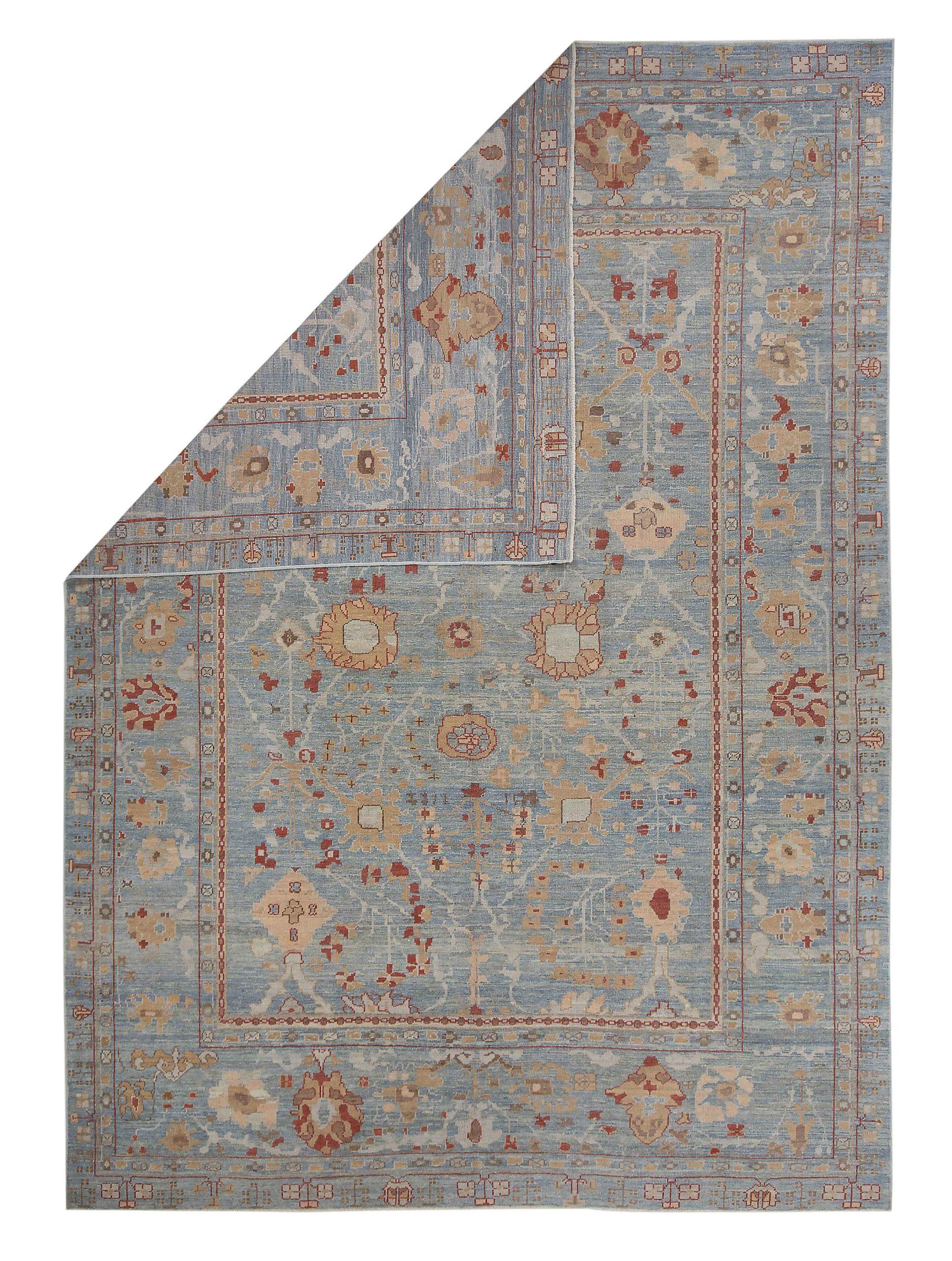 Persische Oushak-Teppiche Circa 1990 - Wolle Blau Rosa Rot Design - 88985 (Asiatisch) im Angebot