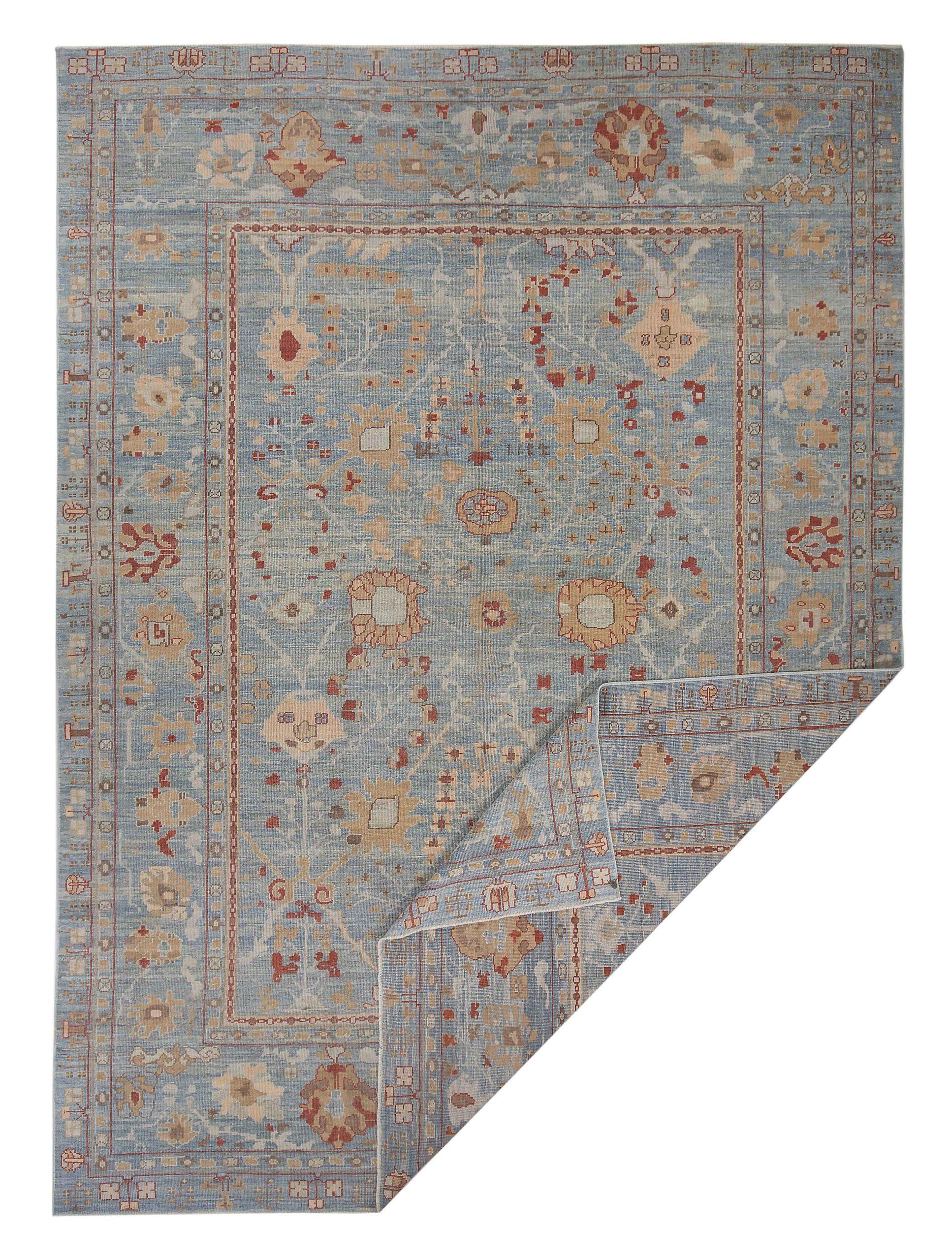 Persische Oushak-Teppiche Circa 1990 - Wolle Blau Rosa Rot Design - 88985 im Zustand „Hervorragend“ im Angebot in Dallas, TX
