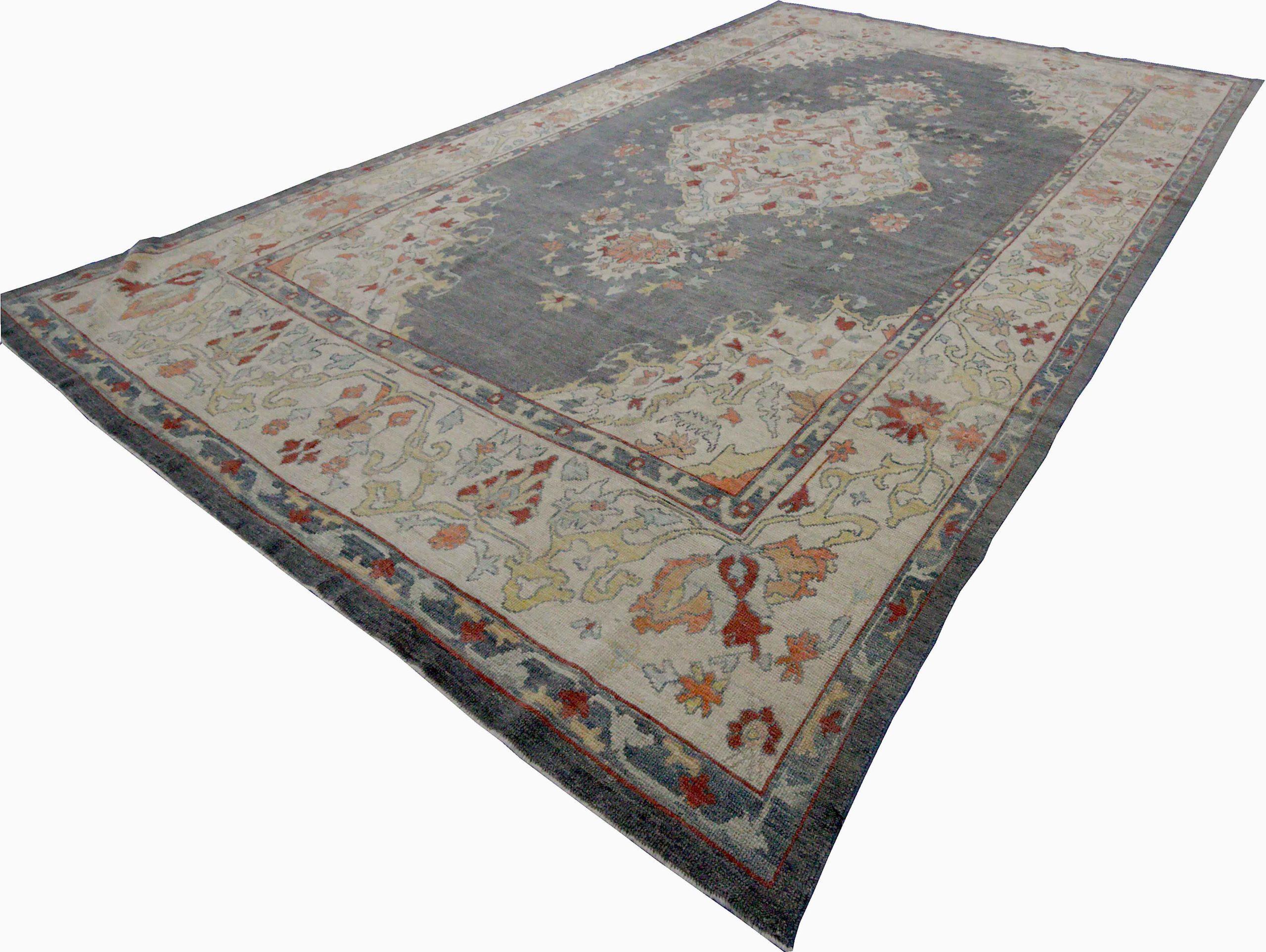 Persische Oushak-Teppiche Circa 1990 - Wolle Grau Elfenbein Rosa Design - 89038 (Asiatisch) im Angebot