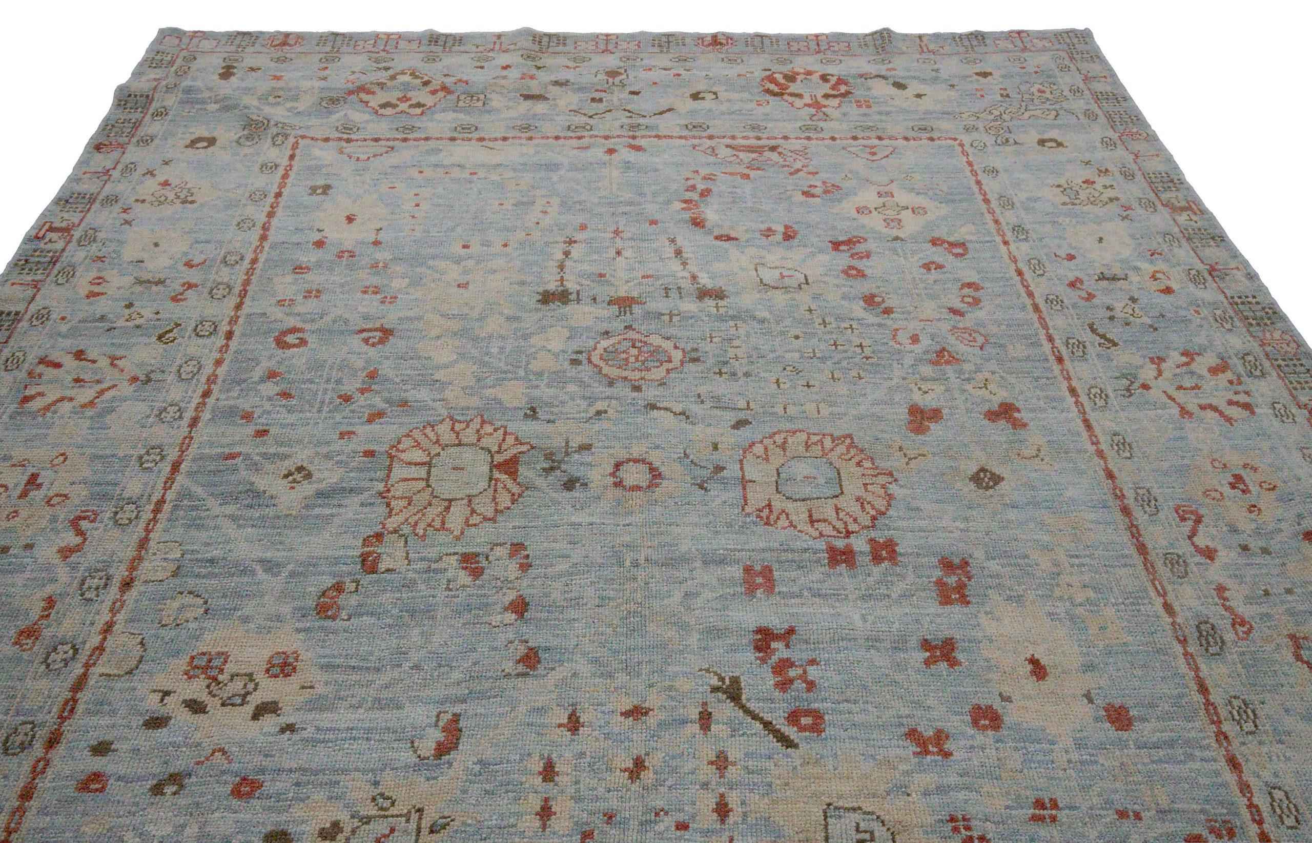 Asian Persian Oushak Area Rugs Circa 1990 - Wool Ivory Light Blue Red Design - 89046 For Sale