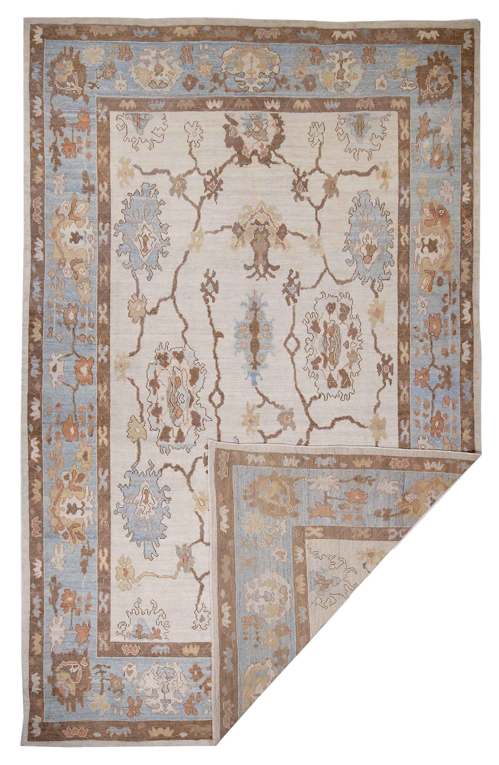Iraqi Persian Oushak Area Rugs - Wool Blue Brown Ivory Design - 88975 For Sale