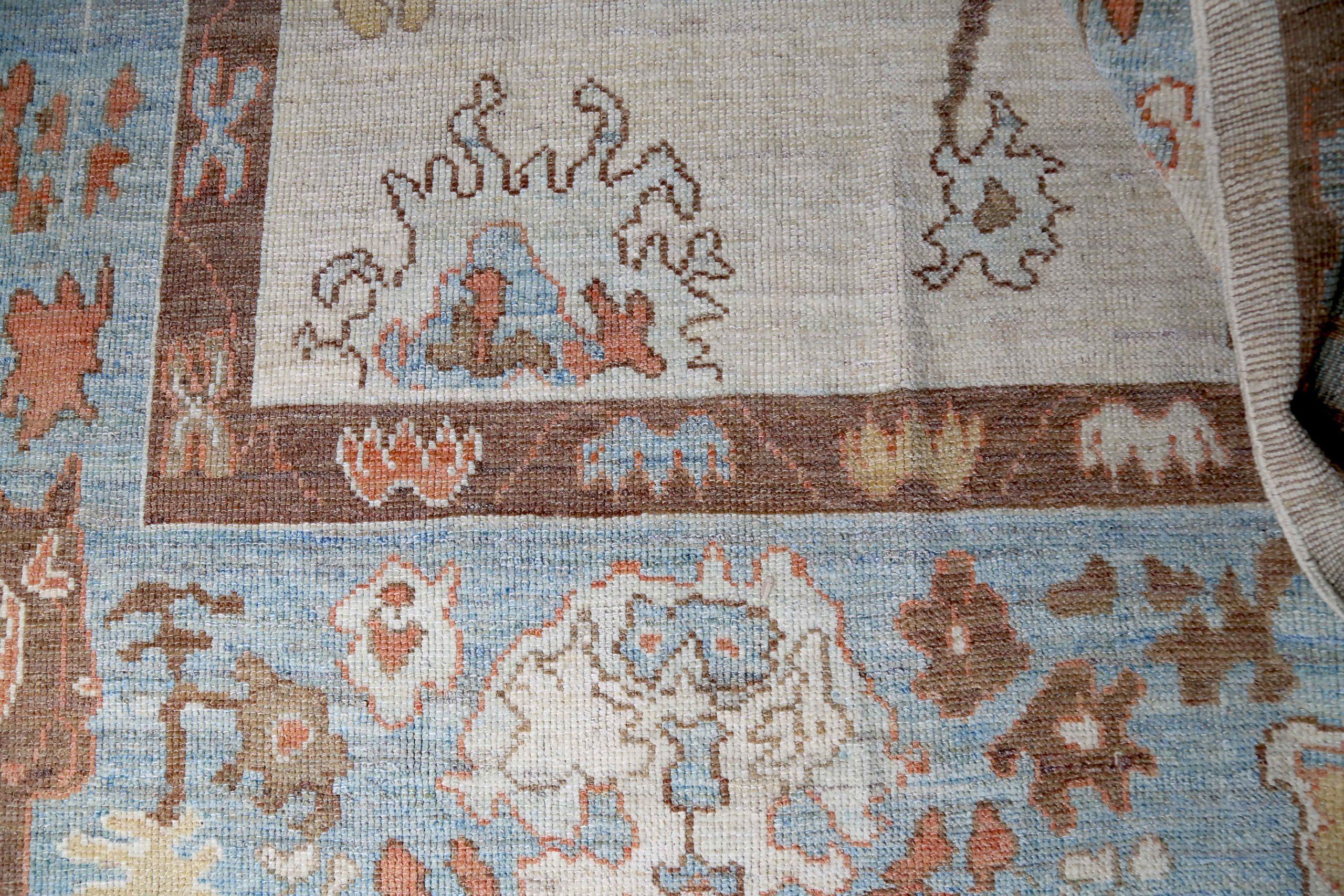 20th Century Persian Oushak Area Rugs - Wool Blue Brown Ivory Design - 88975 For Sale