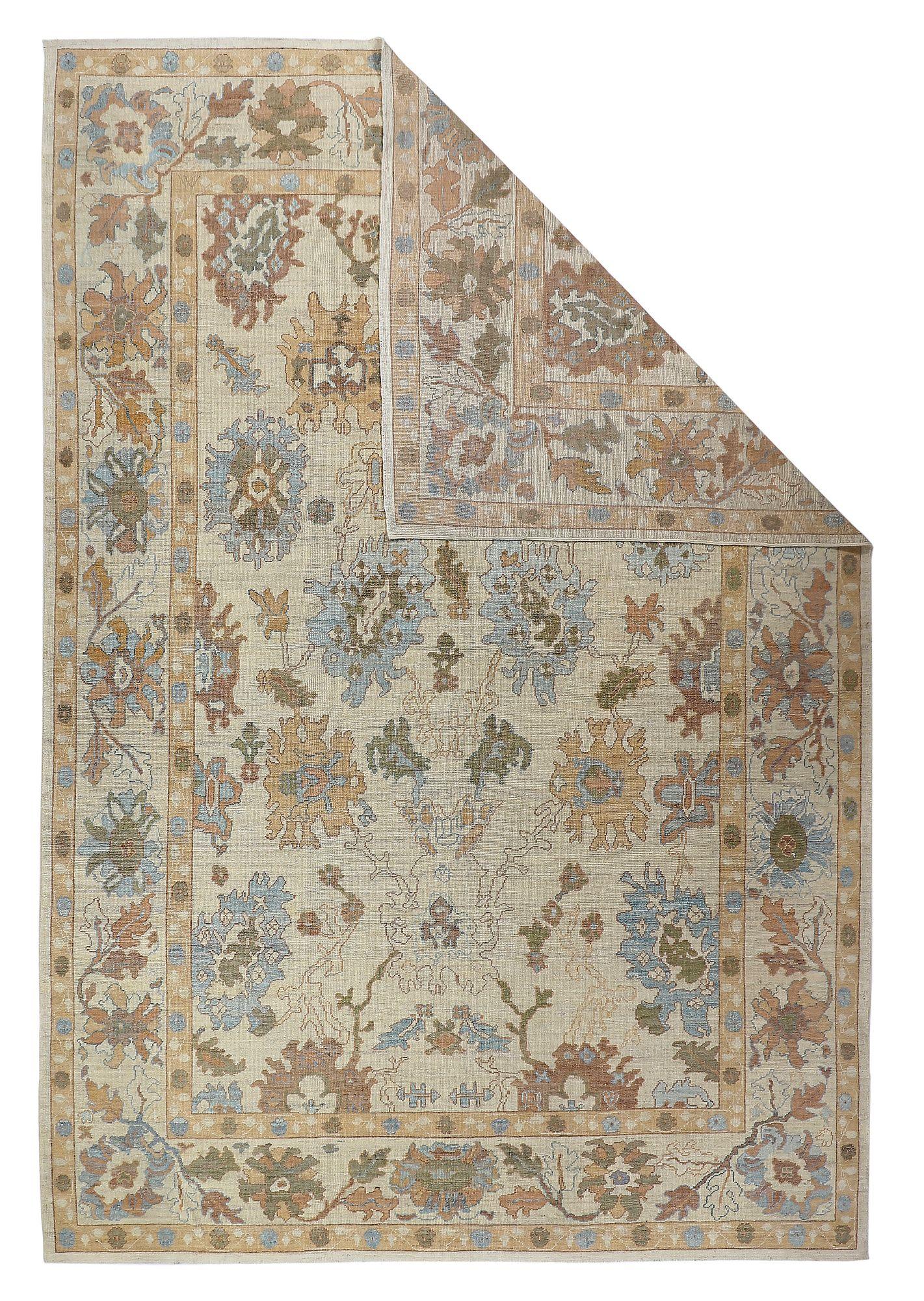 Asian Persian Oushak Area Rugs - Wool Blue Brown Ivory Design - 88990 For Sale