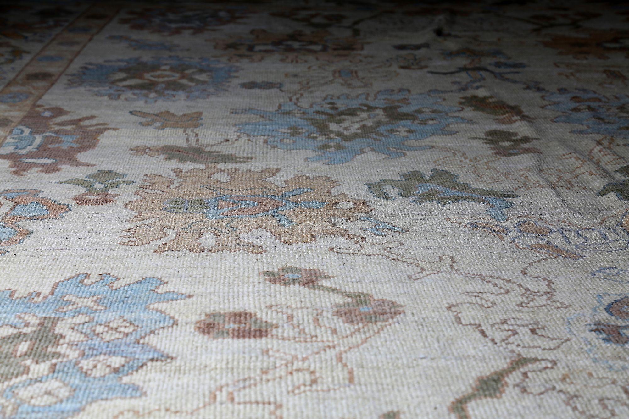 20th Century Persian Oushak Area Rugs - Wool Blue Brown Ivory Design - 88990 For Sale