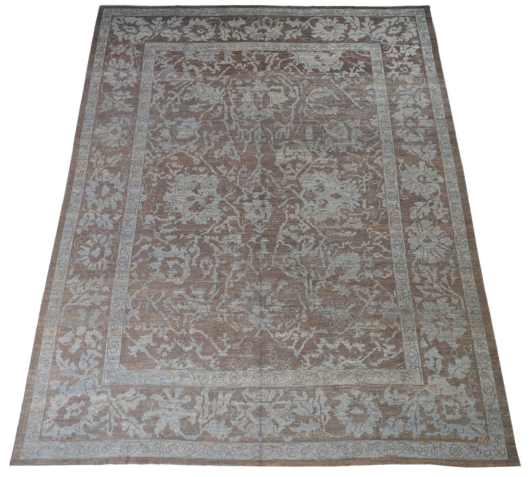 Entdecken Sie die Eleganz des persischen Oushak mit Teppichen aus der Zeit um 1990. Dieses exklusive Design aus Wolle und BlauBraunElfenbein ist perfekt, um Ihren Raum zu verschönern.