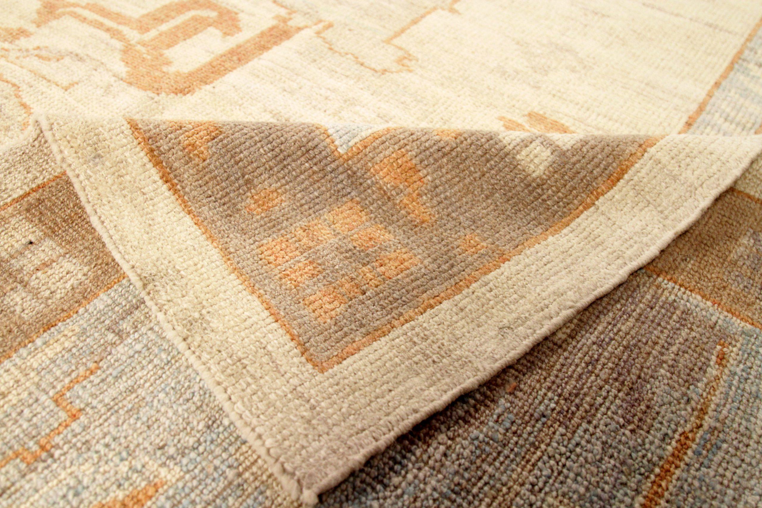 Tapis de sol persan Oushak - Laine Bleu Brown Ivoire Orange - 88061 Excellent état - En vente à Dallas, TX