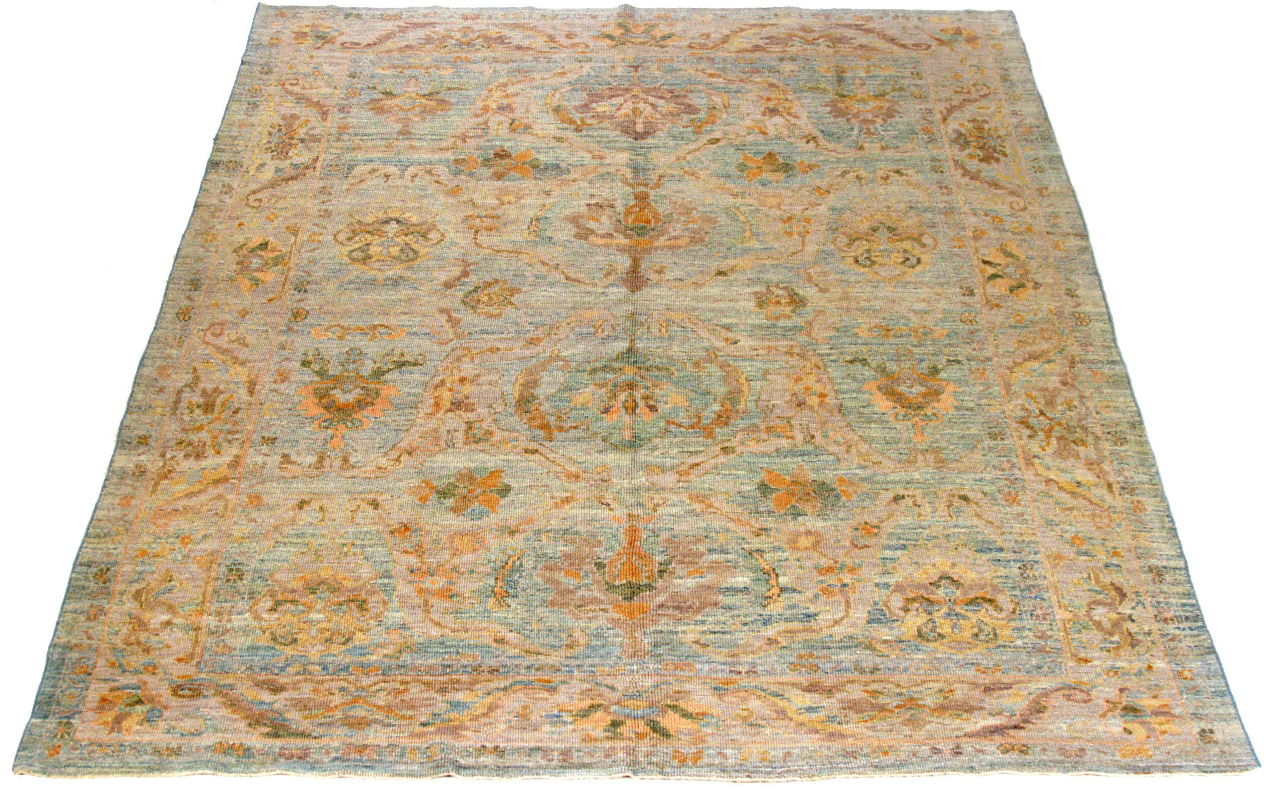 Discover the elegance of Persian Oushak featuring Area Rugs in Circa 1990. Designed with Wool and BlueIvoryOrange, this exclusive design is perfect for enhancing your space.