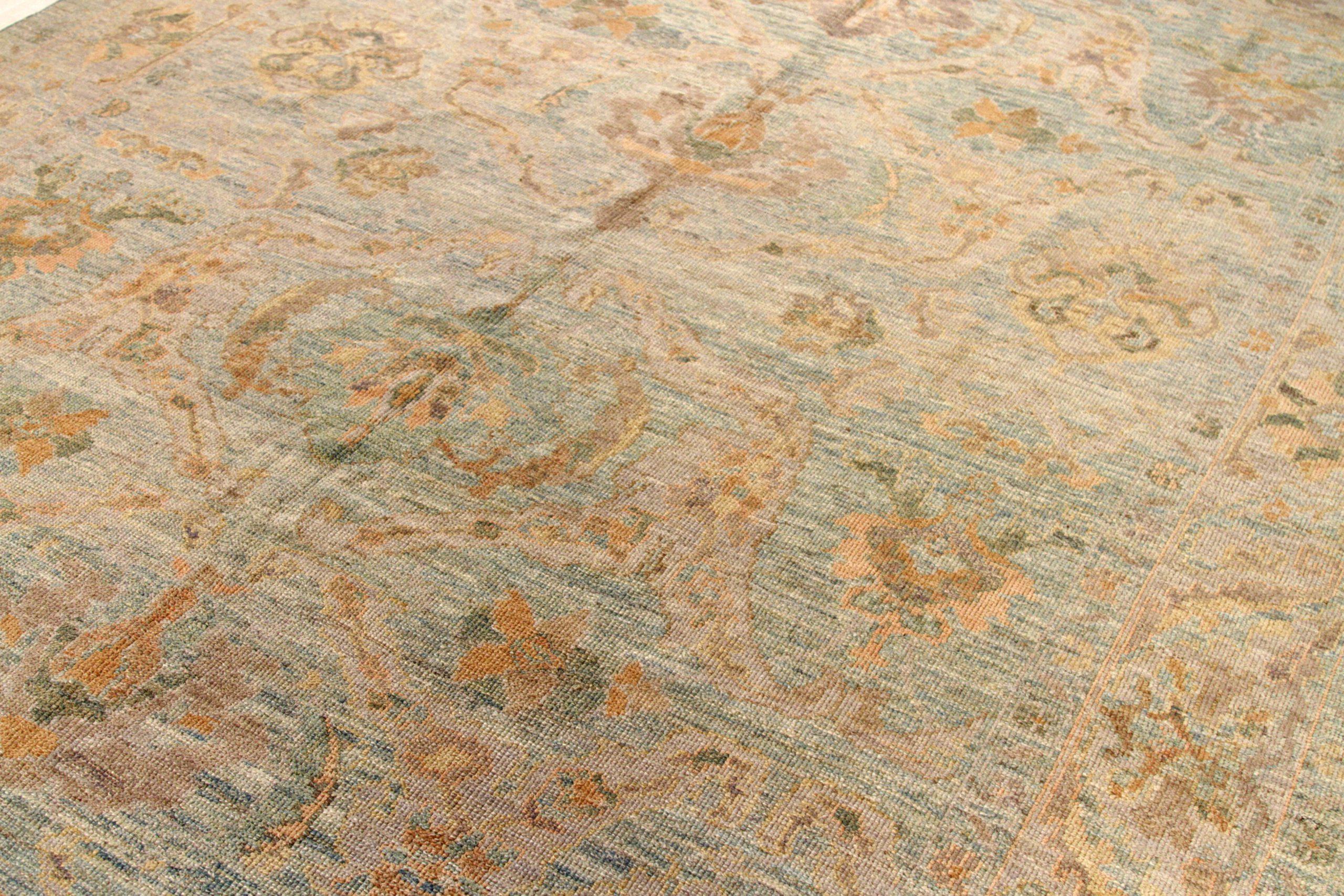 Iraqi Persian Oushak Area Rugs - Wool Blue Ivory Orange Design - 88080 For Sale