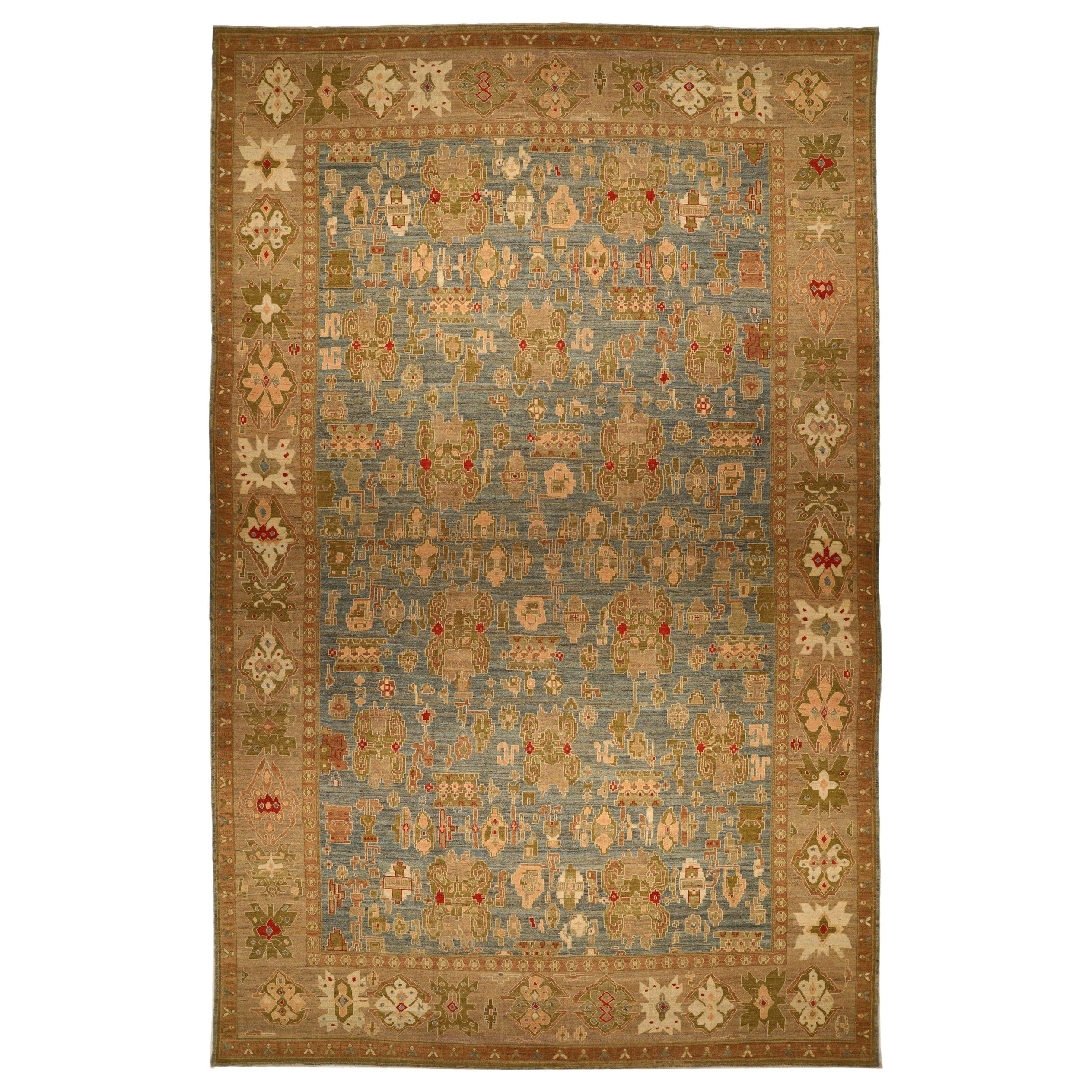 Tappeto persiano Oushak di dimensioni eccessive del 1910 - Disegno in lana blu marrone verde - 89710 in vendita