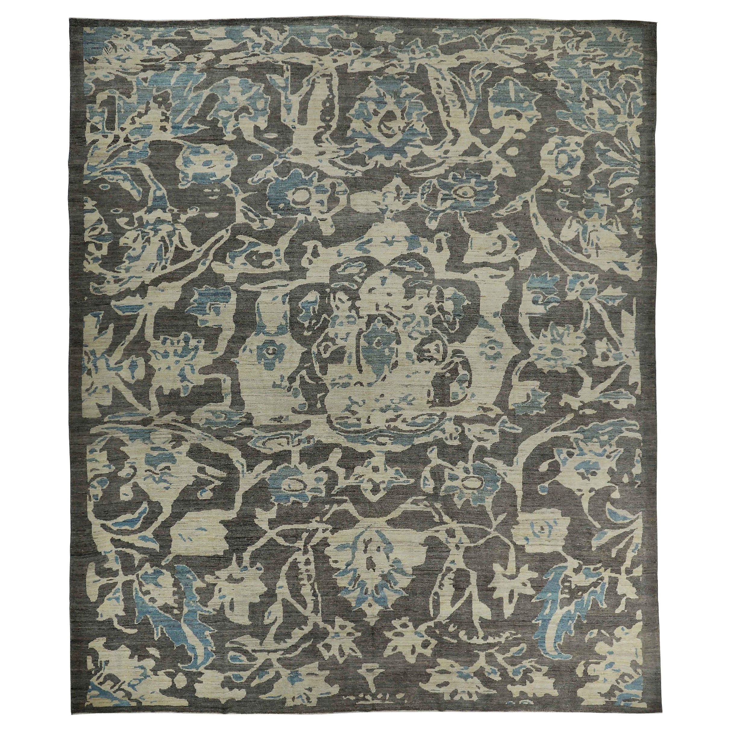 Tappeto Persiano Oushak Over Size Circa 1990 - Lana Blu Marrone Avorio Design - 89063 in vendita