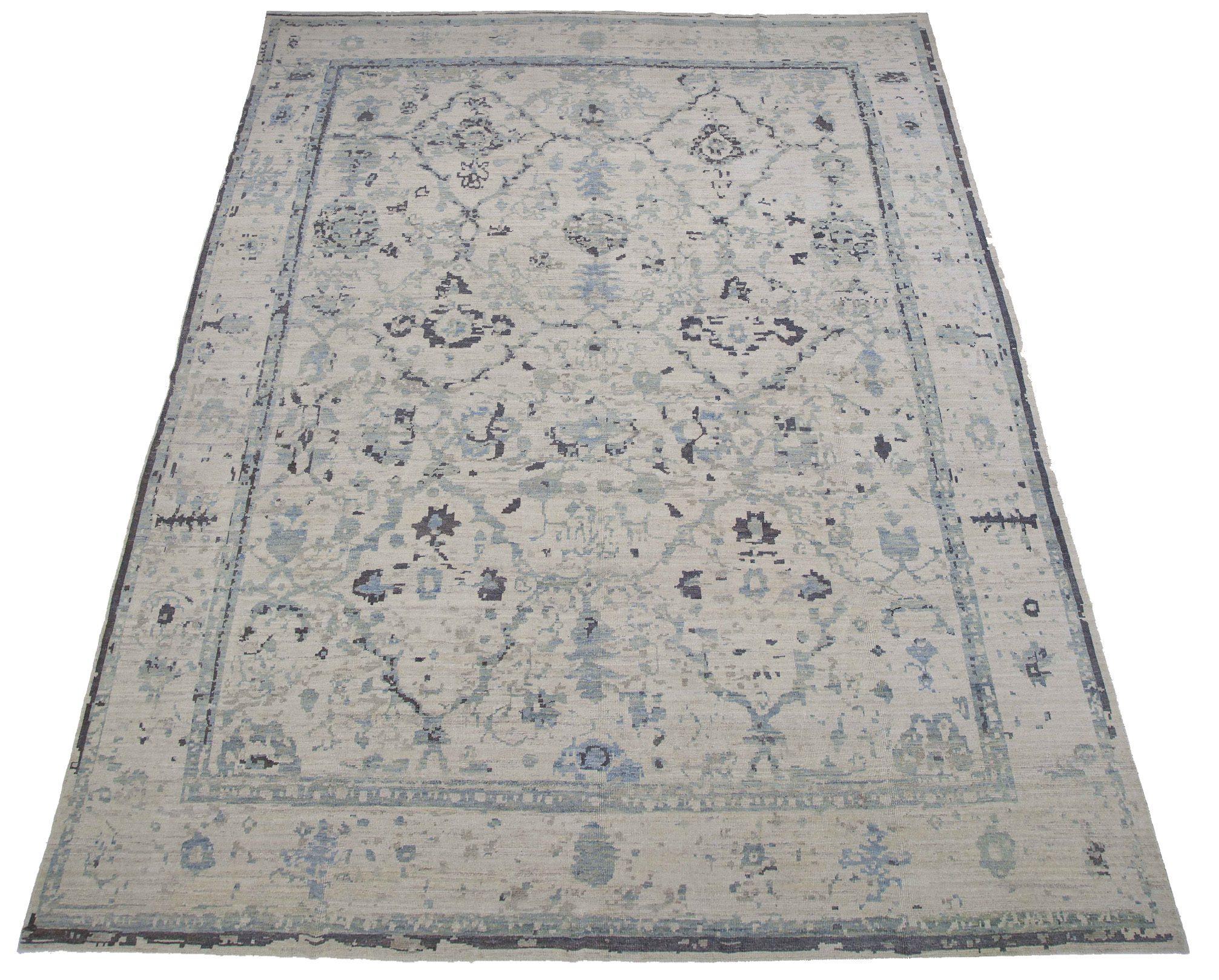 Descubre la elegancia de la alfombra persa Oushak de gran tamaño Circa 1990. Diseñado con lana y azul-marrón-marfil, este diseño exclusivo es perfecto para realzar tu espacio.