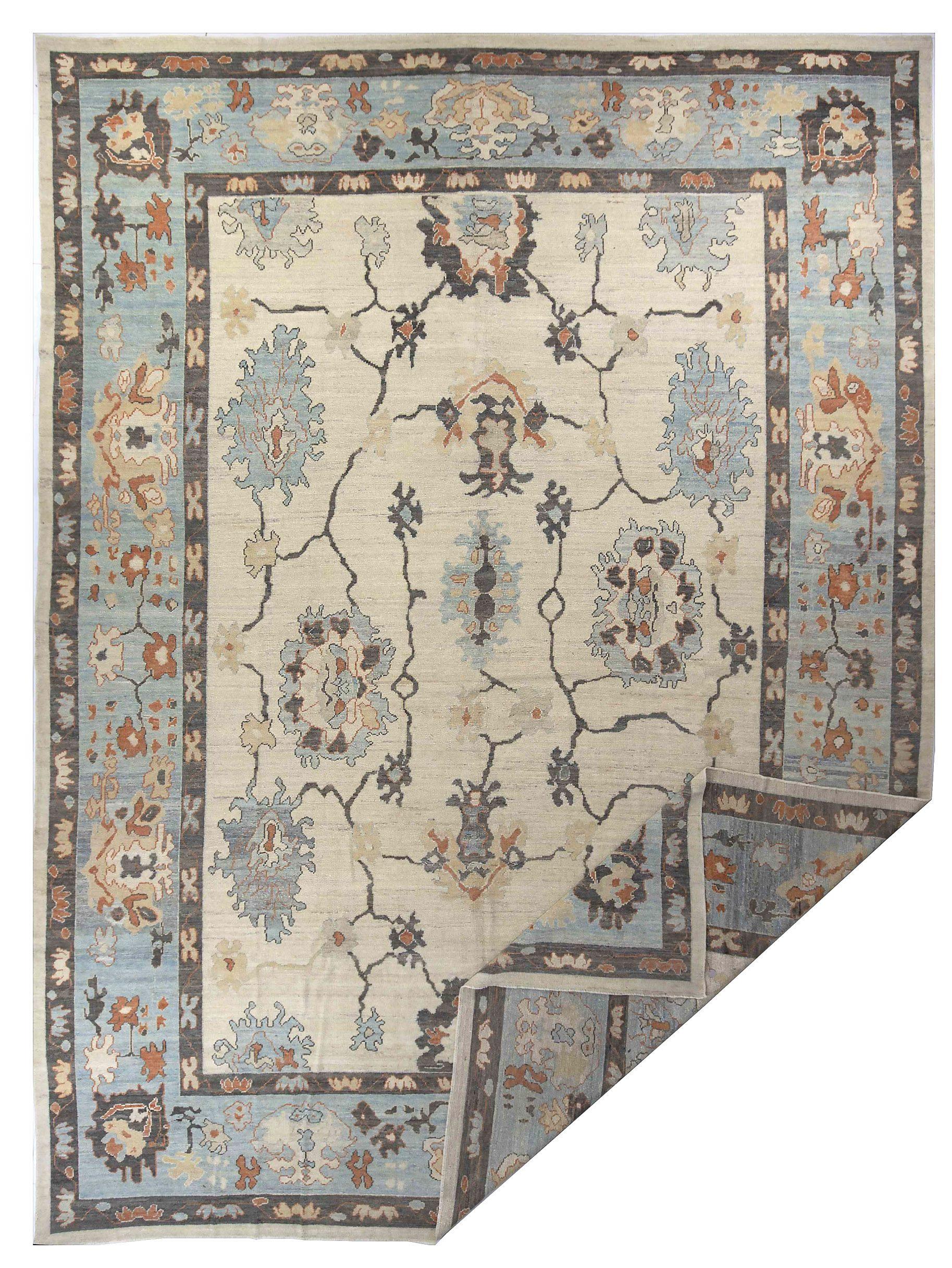 Persische Oushak Over Size Teppich - Wolle Blau Grau Elfenbein Design - 88972 (20. Jahrhundert) im Angebot