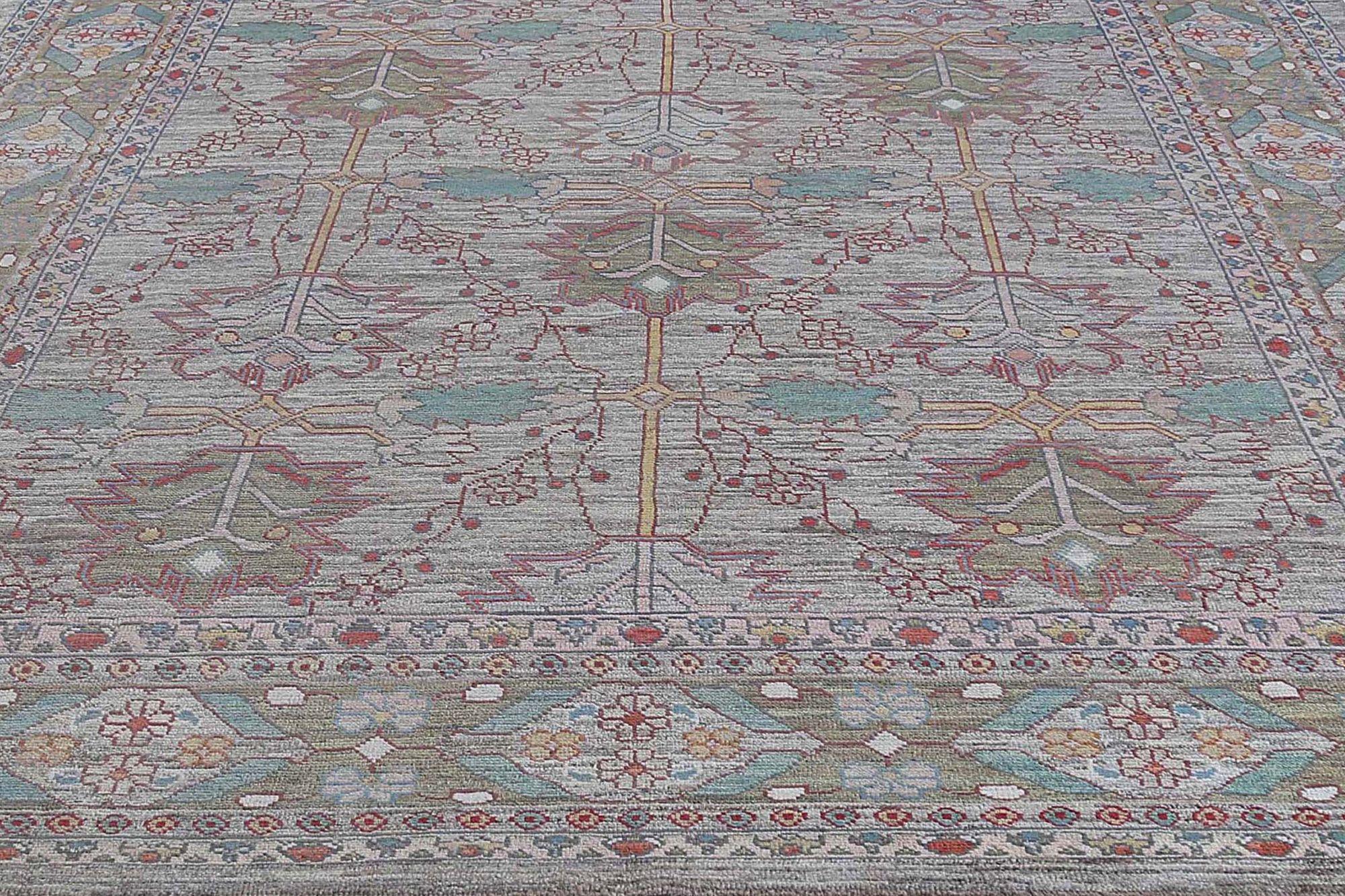 Persischer Oushak Over Size Teppich - Wolle Blau Grün Elfenbein Design - 96659 (20. Jahrhundert) im Angebot