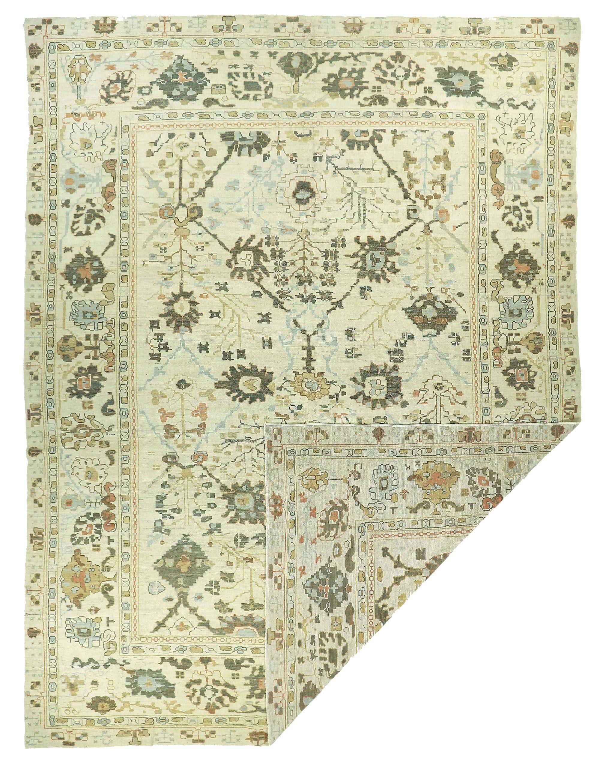 Iracheno Tappeto Persiano Oushak Over Size - Disegno in Lana Verde Avorio - 88948 in vendita