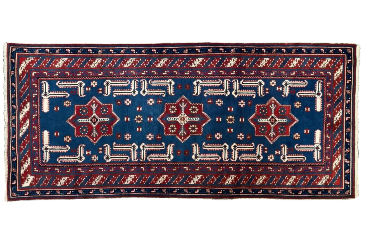 Hand-Woven Persian Oushak Runner Rug - blue Red - 88196 For Sale