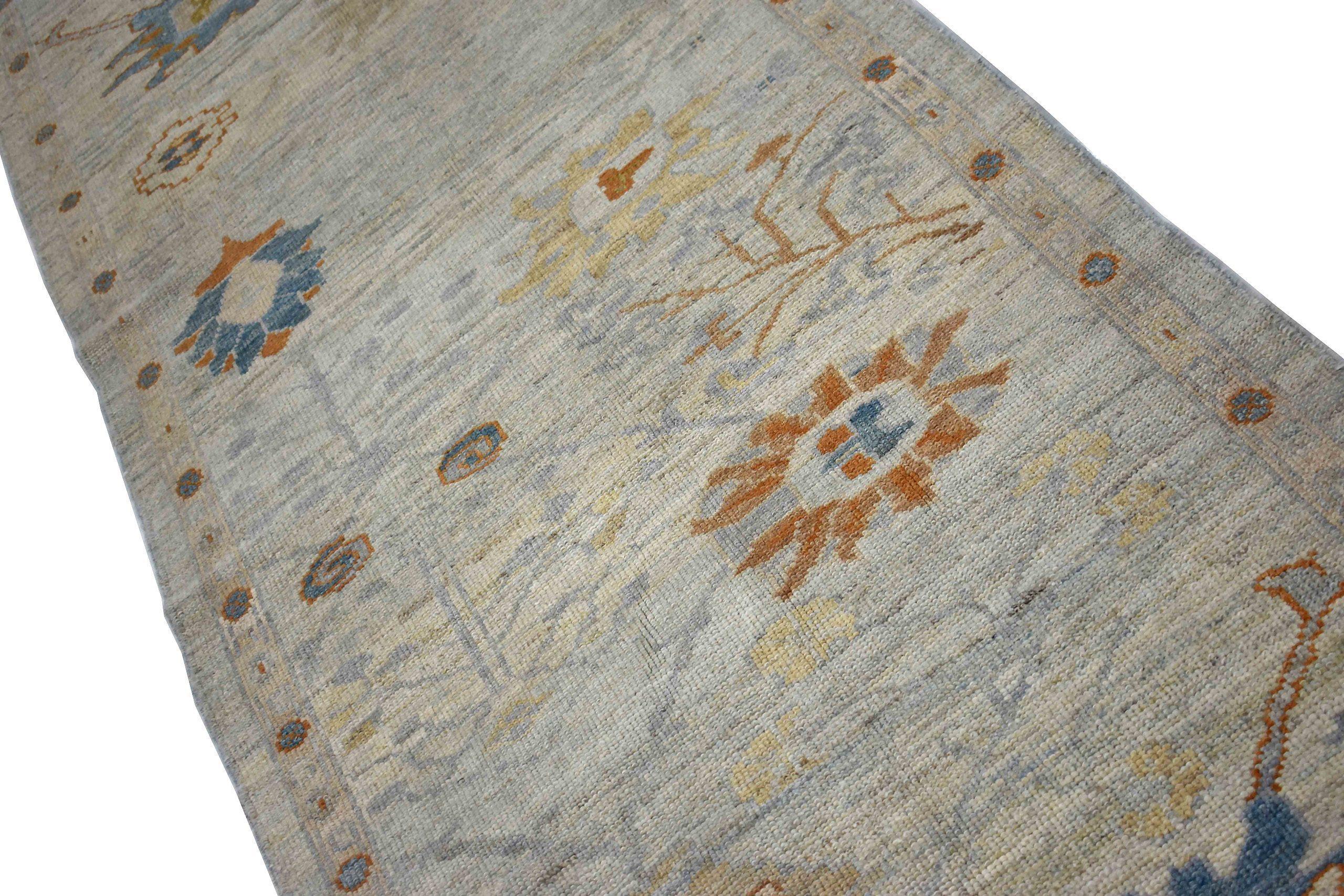 Persischer Oushak-Läufer - Wolle Blau Elfenbein Design - 88993 (Irakisch) im Angebot