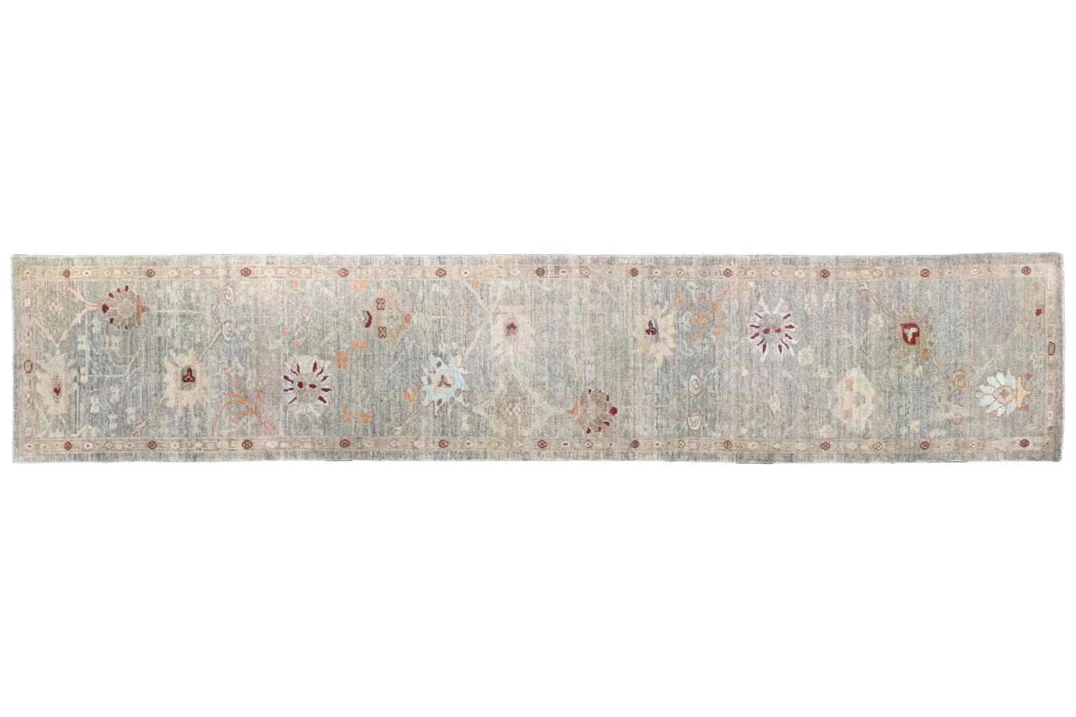 Hand-Woven Persian Oushak Runner Rug - Wool Gray Green Yellow Design - 88139 For Sale