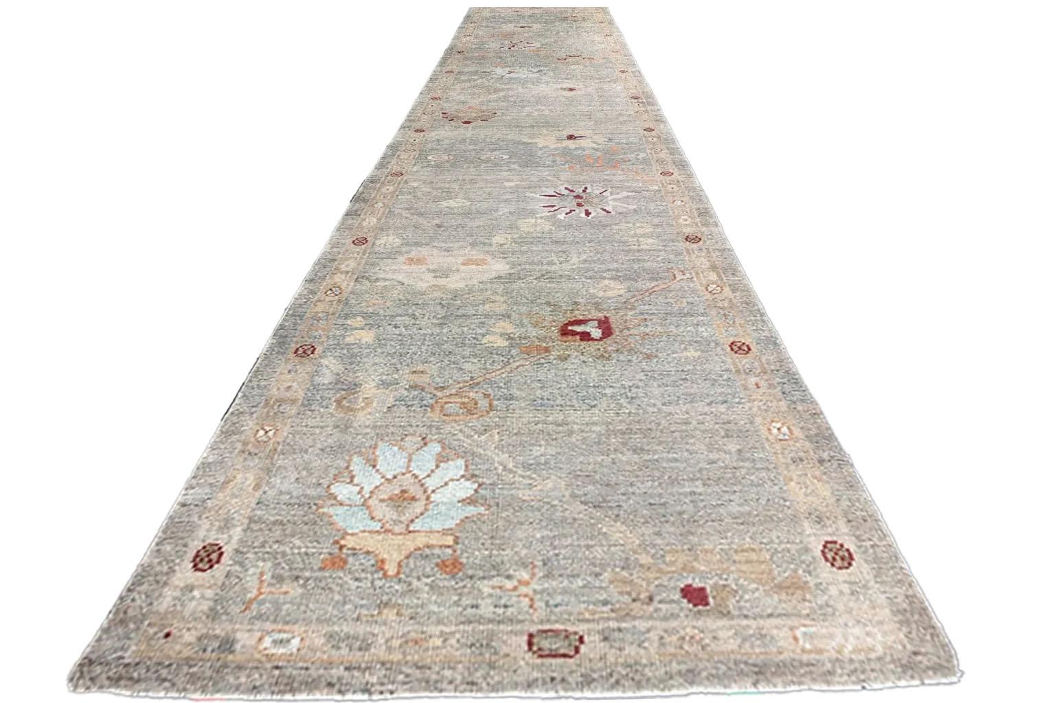 Persian Oushak Runner Rug - Wool Gray Green Yellow Design - 88139 In Excellent Condition For Sale In Dallas, TX