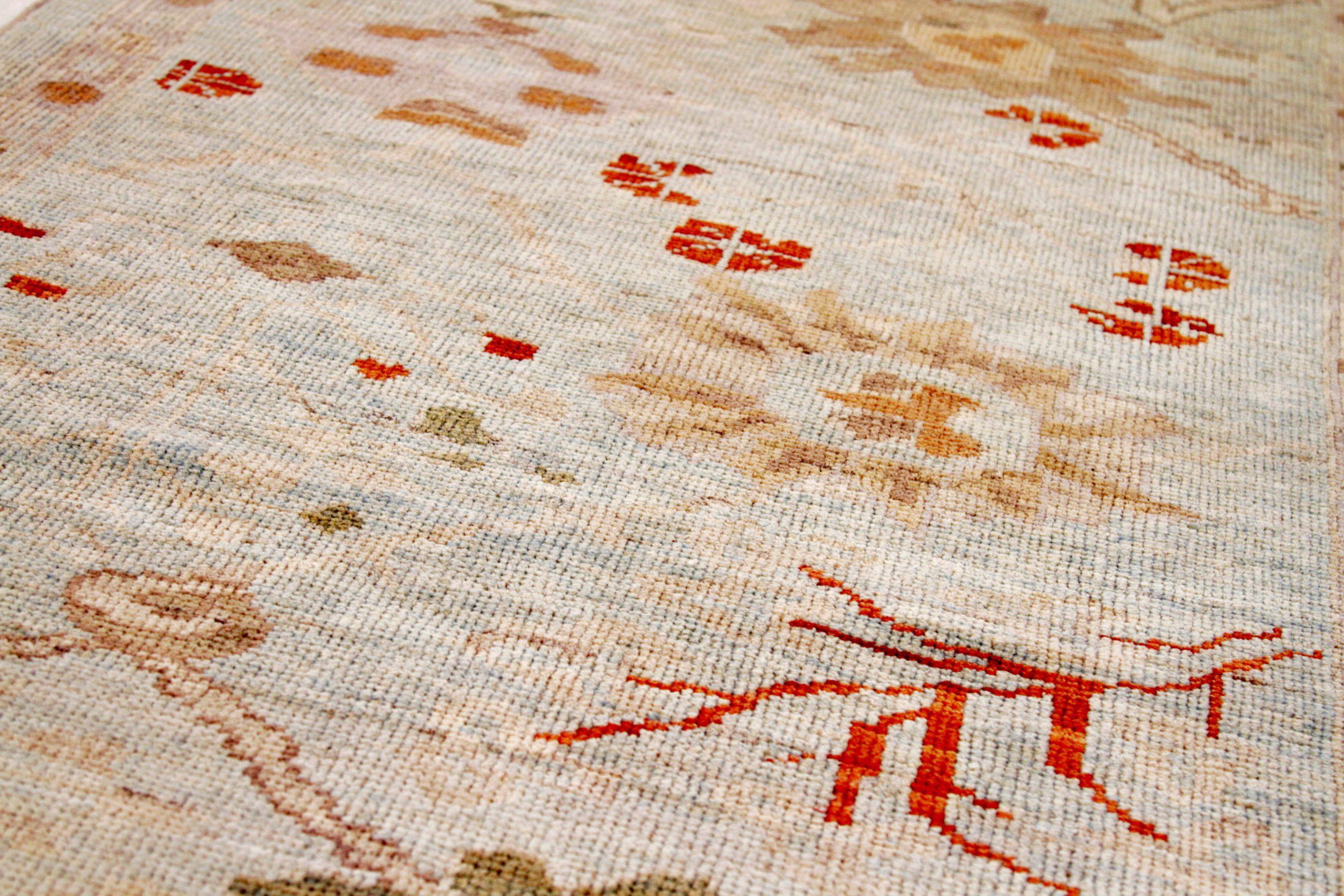 Iraqi Persian Oushak Runner Rug - Wool Green Ivory Orange Design - 88125 For Sale