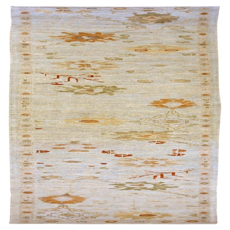 Persischer Oushak-Läufer aus Wolle - Grün, Elfenbein, Orange, Design - 88125