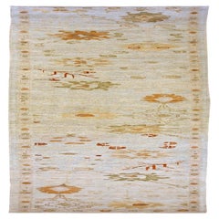 Persian Oushak Runner Rug - Wool Green Ivory Orange Design - 88125
