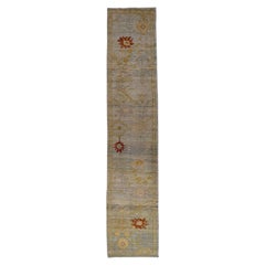 Persian Oushak Runner Rug - Wool Ivory Red Yellow Design - 88969