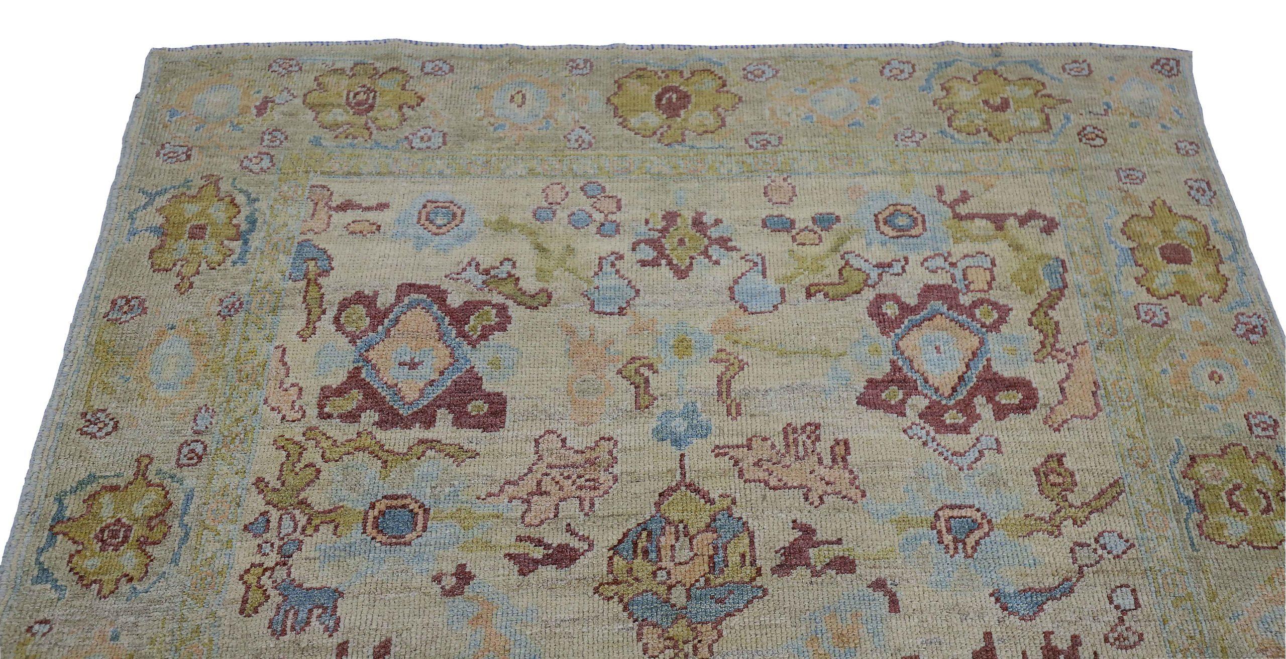 Persischer Oushak Kleiner Teppich CIRCA 1990 - Wolle Blau Elfenbein Gelb Design - 89036 (Asiatisch) im Angebot