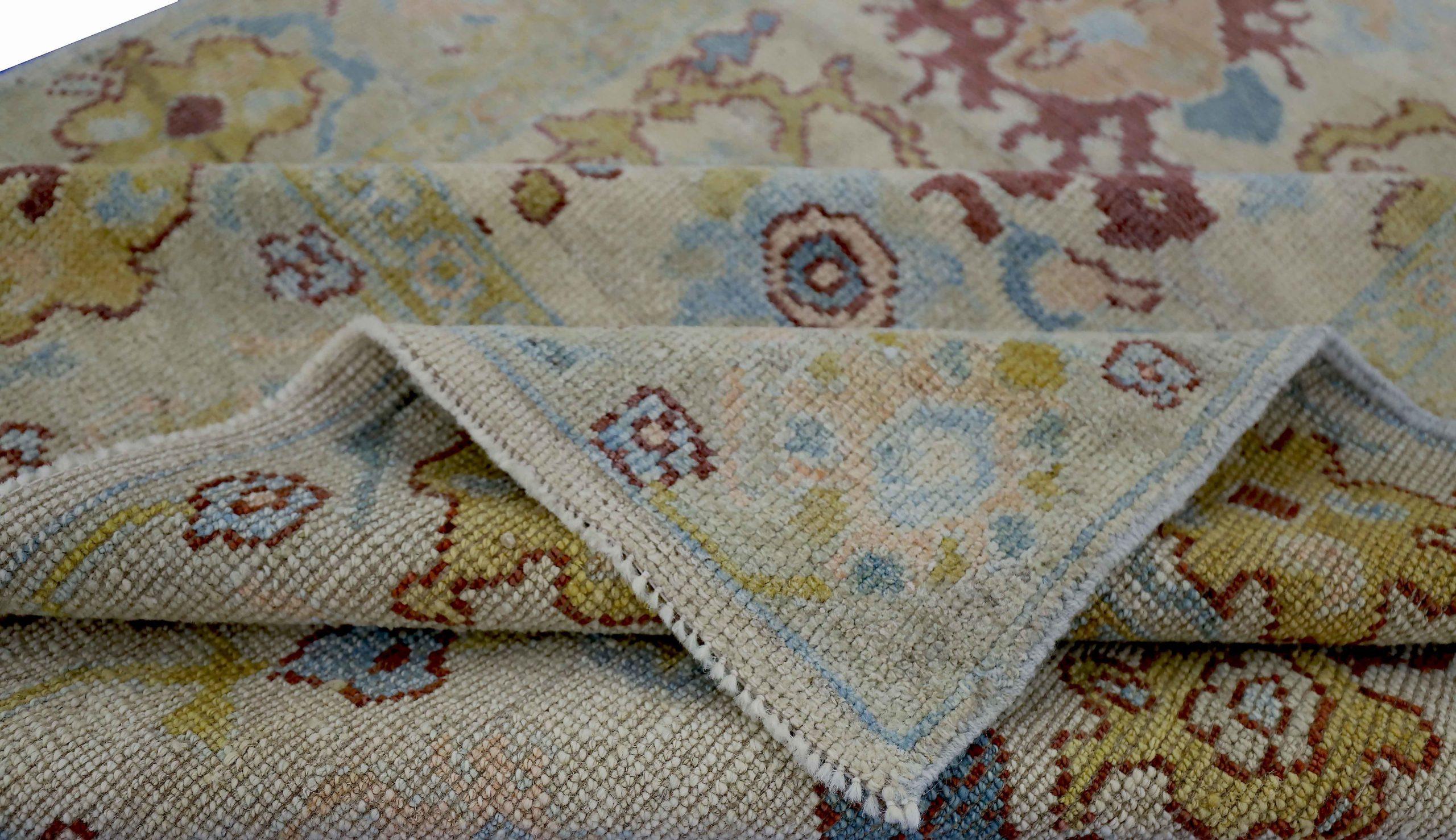 Persischer Oushak Kleiner Teppich CIRCA 1990 - Wolle Blau Elfenbein Gelb Design - 89036 im Zustand „Hervorragend“ im Angebot in Dallas, TX