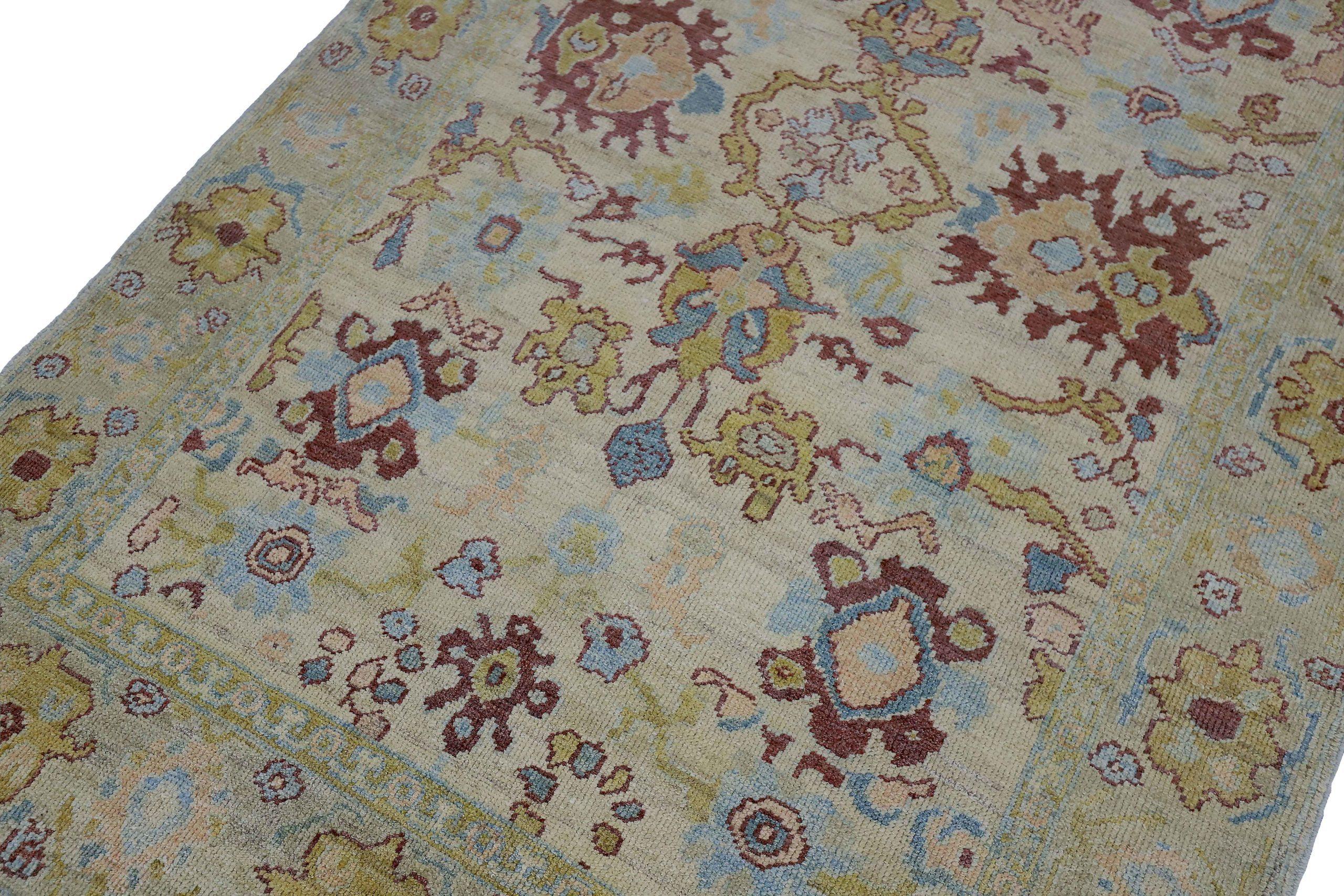 Persischer Oushak Kleiner Teppich CIRCA 1990 - Wolle Blau Elfenbein Gelb Design - 89036 (20. Jahrhundert) im Angebot