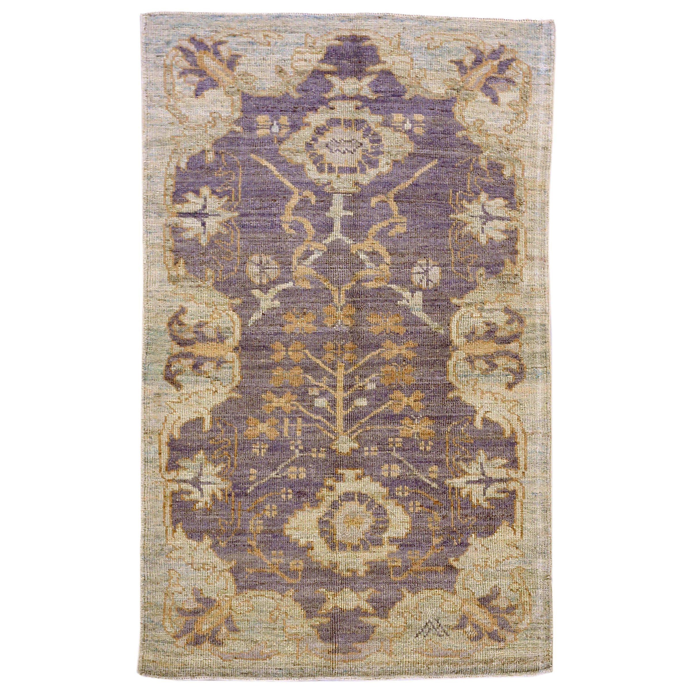 Persian Oushak Small Rug - Wool Ivory Purpel Yellow Design - 88120 For Sale