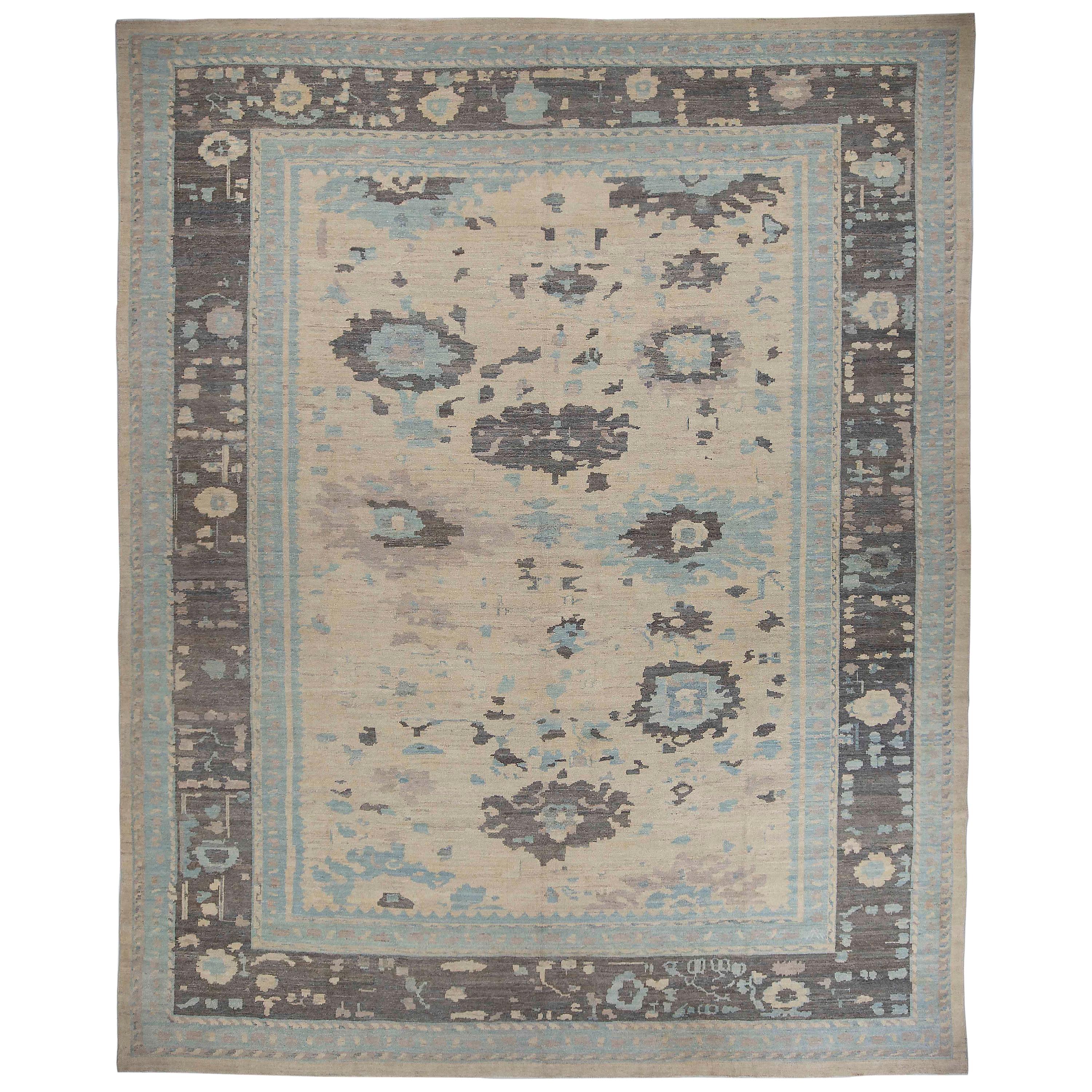 Persian Oushak Style Rug with Blue and Gray Floral Details on Beige Centerfield For Sale