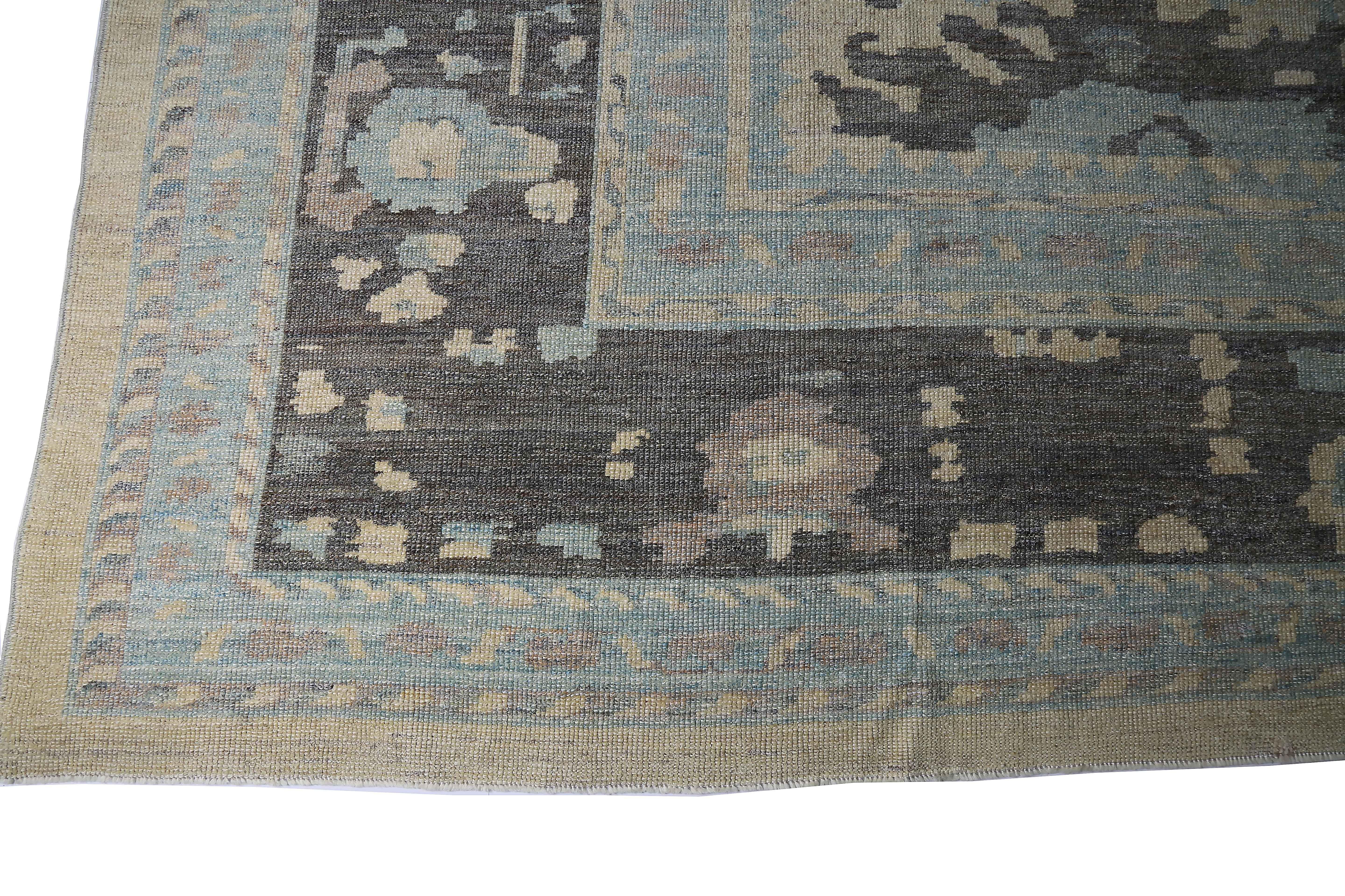 Contemporary Persian Oushak Style Rug with Blue and Gray Floral Details on Beige Centerfield For Sale