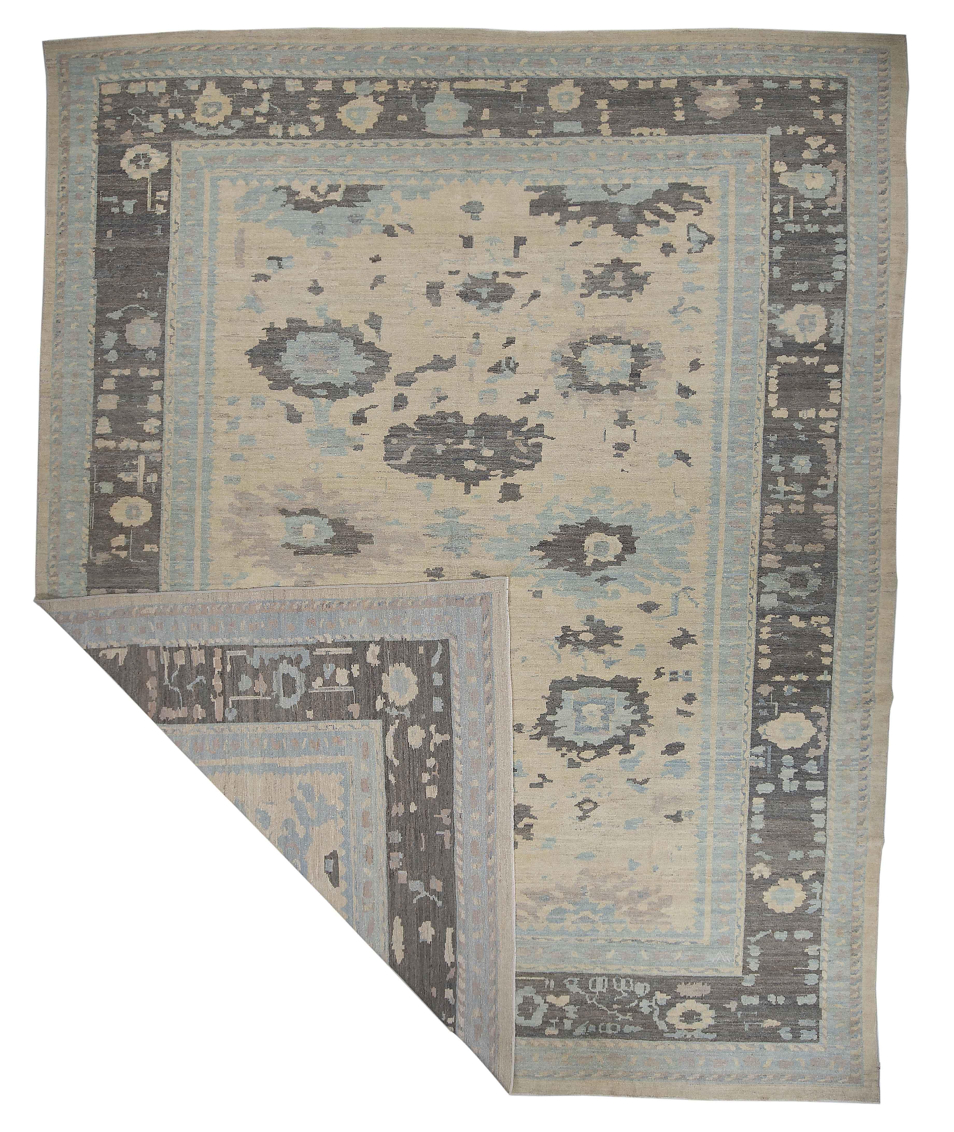 Persian Oushak Style Rug with Blue and Gray Floral Details on Beige Centerfield For Sale 3