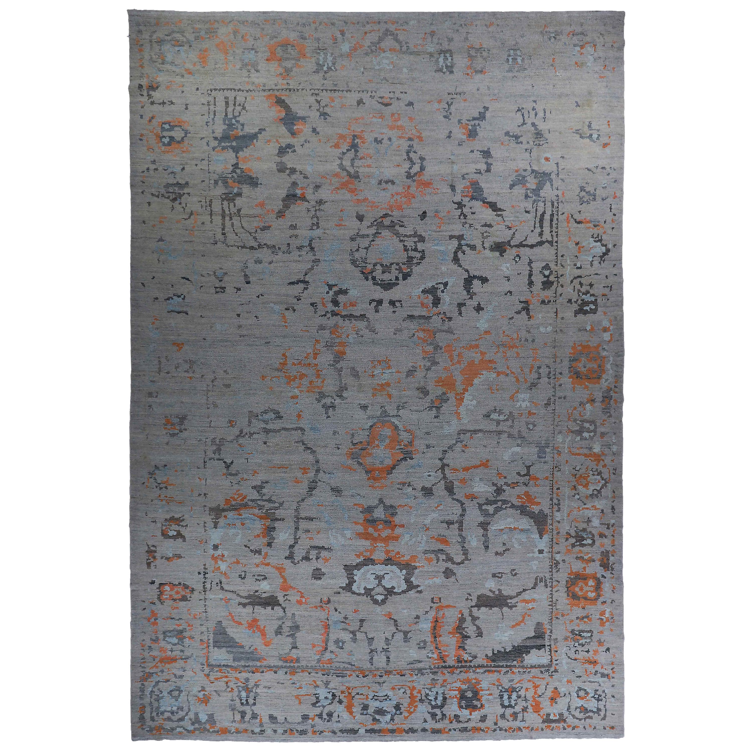 Persian Oushak Style Rug with Rust and Gray Floral Details on Beige Field For Sale