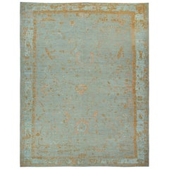 Persian Oushak Style Rug with Salmon & Brown Floral Details on Seafoam Field
