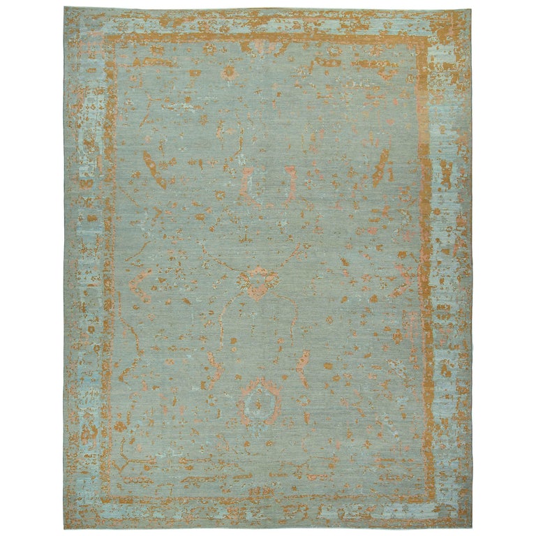 Persian Oushak Style Rug with Salmon and Brown Floral Details on
