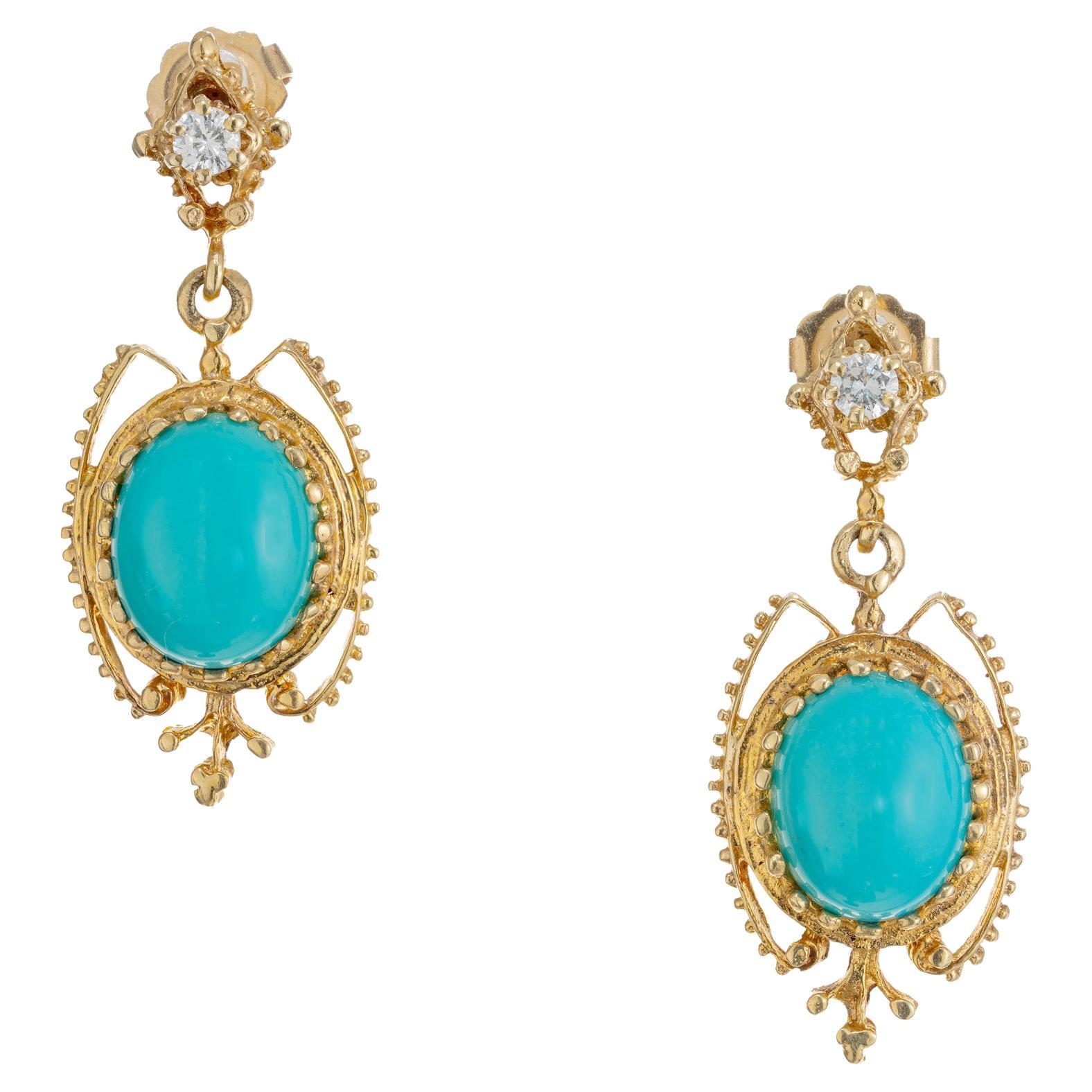 Persian Oval Turquoise Round Diamond Gold Late Art Deco Dangle Earrings For Sale