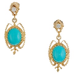 Antique Persian Oval Turquoise Round Diamond Gold Late Art Deco Dangle Earrings