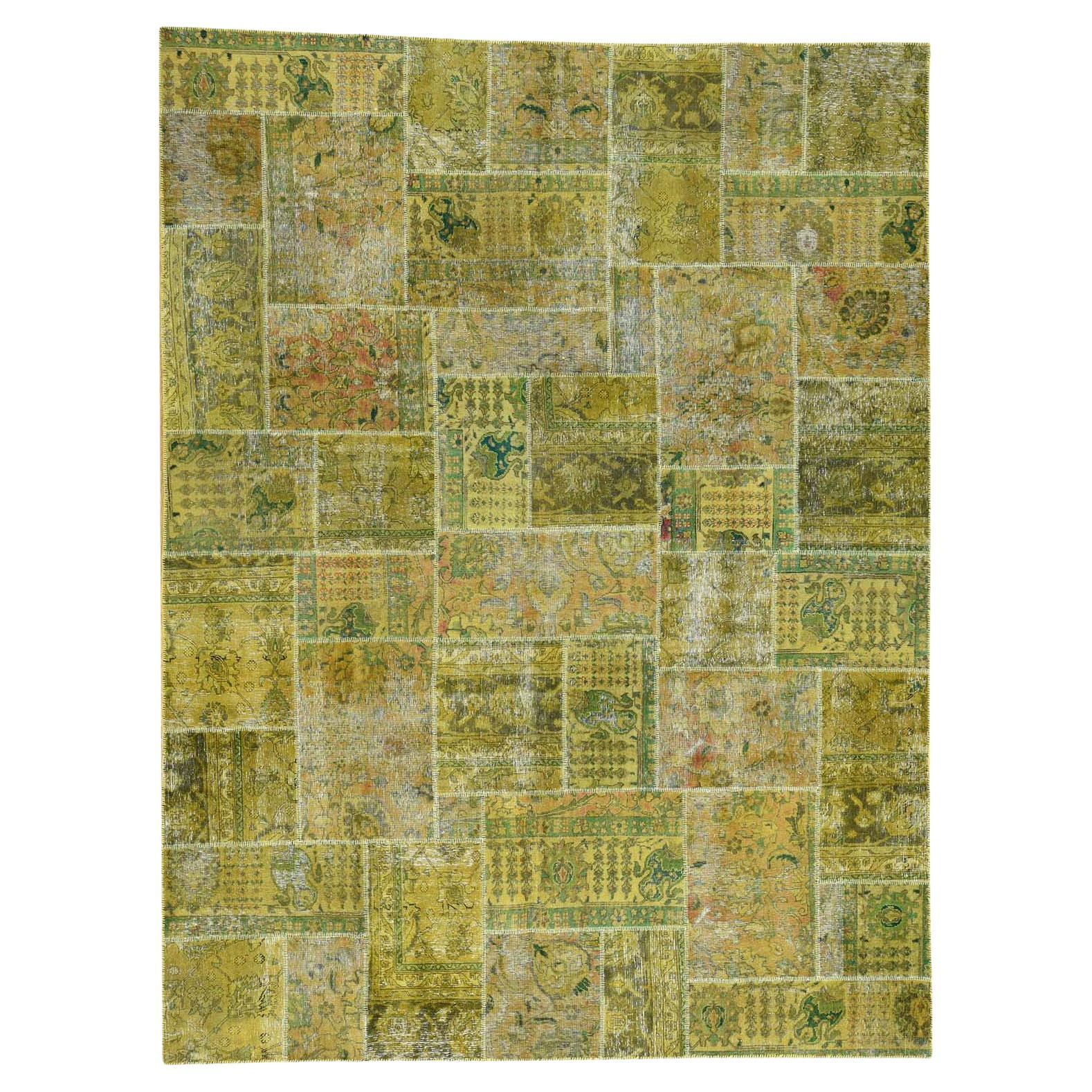 Persian Overdyed Patchwork Green Cast Handmade Vintage Distressed Wool Rug For Sale at 1stDibs