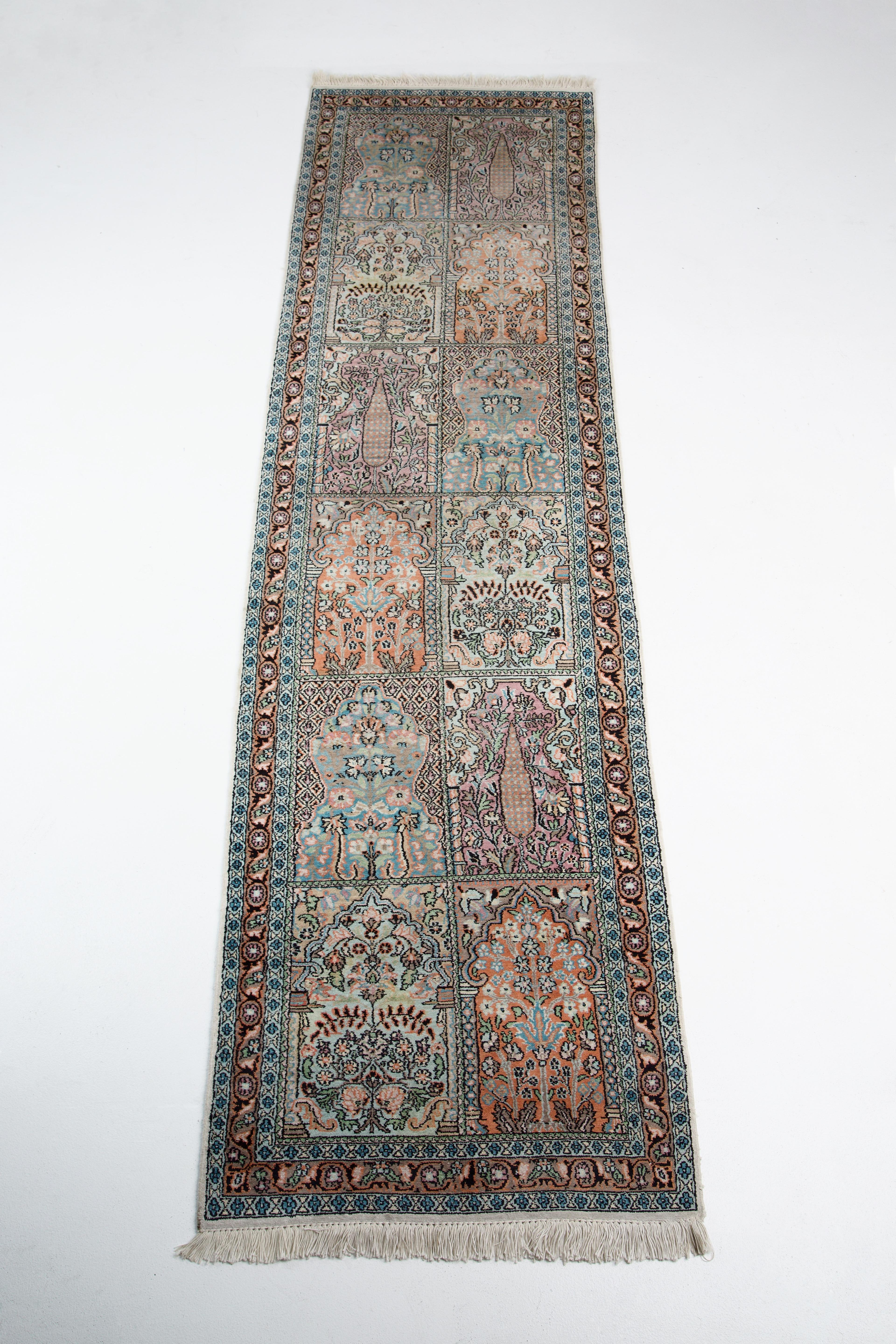 Woven Persian Pale Blue Field Silk Runner Rug  For Sale