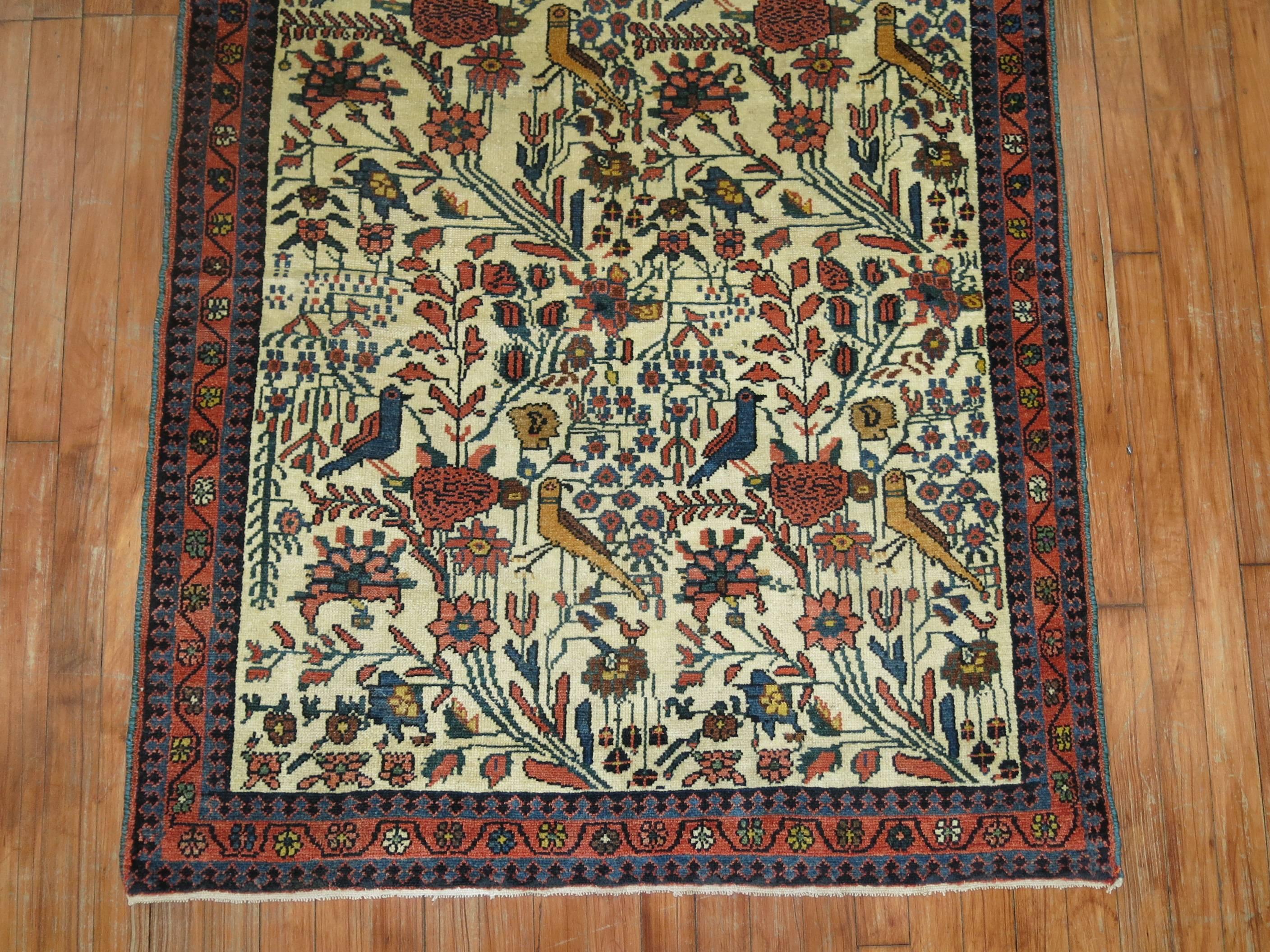 Revival Ivory Field Pigeon Bird Traditional 20th century Persian Pictorial Rug For Sale