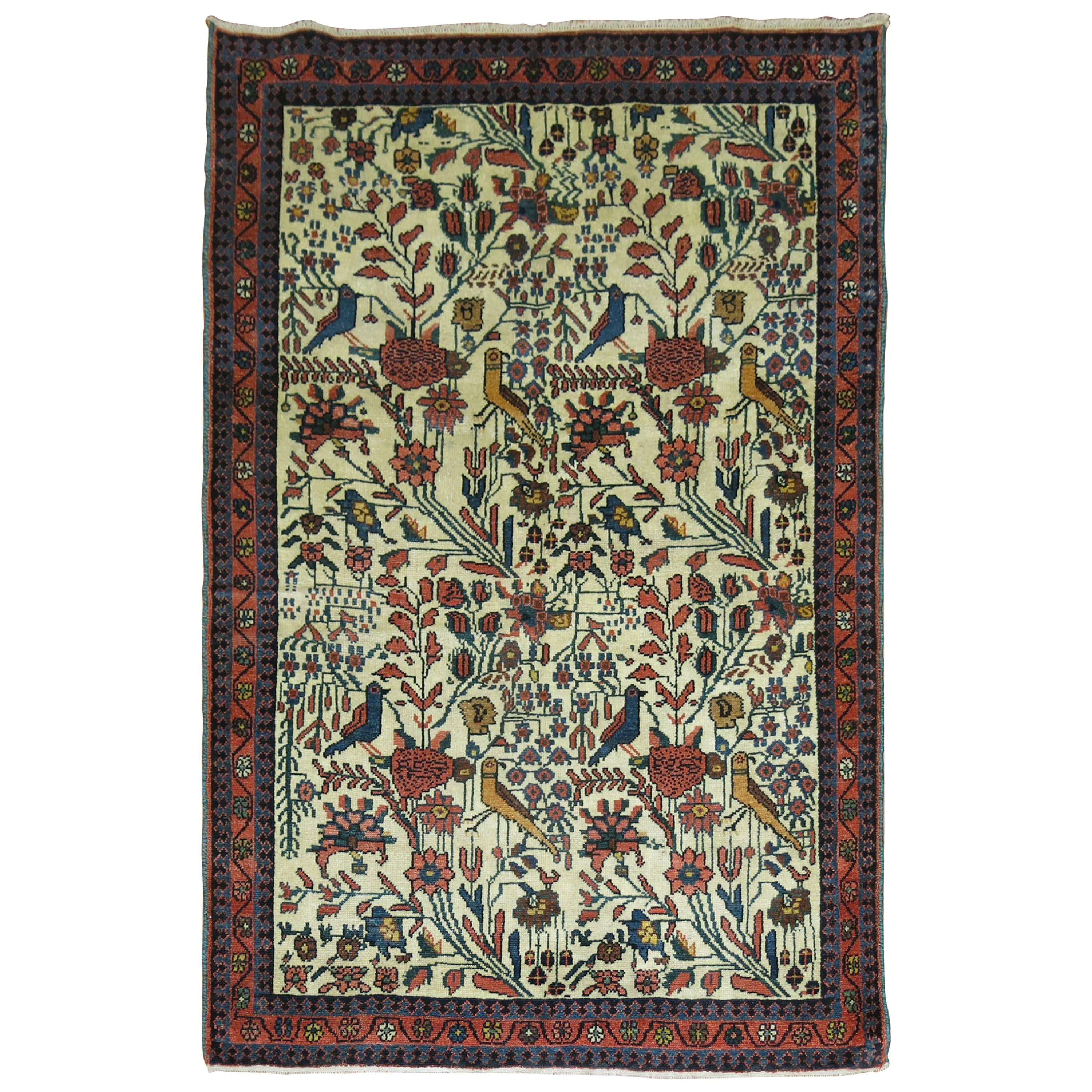 Ivory Field Pigeon Bird Traditional 20th century Persian Pictorial Rug For Sale