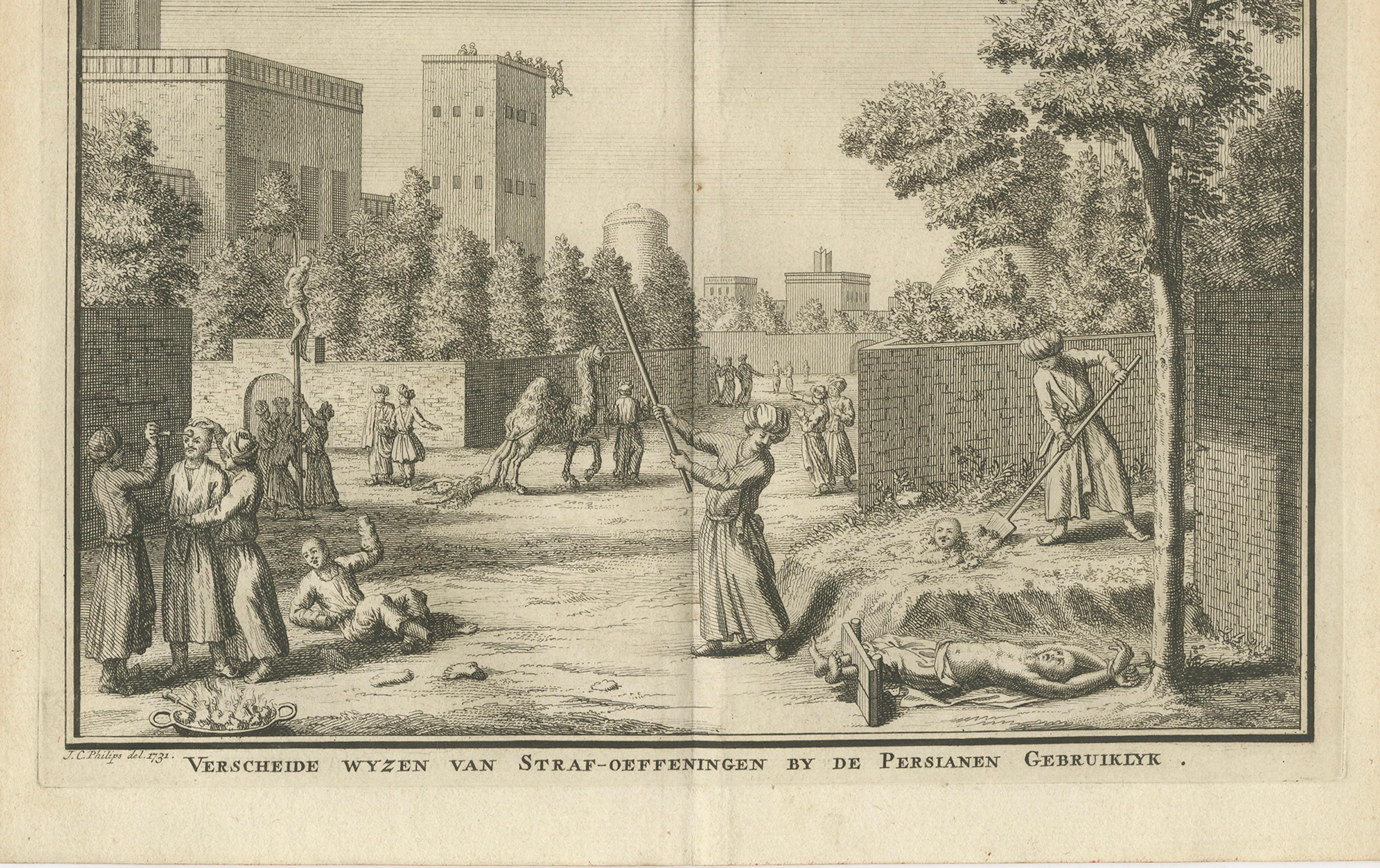 Castigos persas - Grabado del siglo XVIII sobre prácticas judiciales, por J.C. Philips, 1754

Este dramático y raro grabado del siglo XVIII, titulado Verscheide Wyzen van Straf-oeffeningen by de Persianen Gebruiklyk (