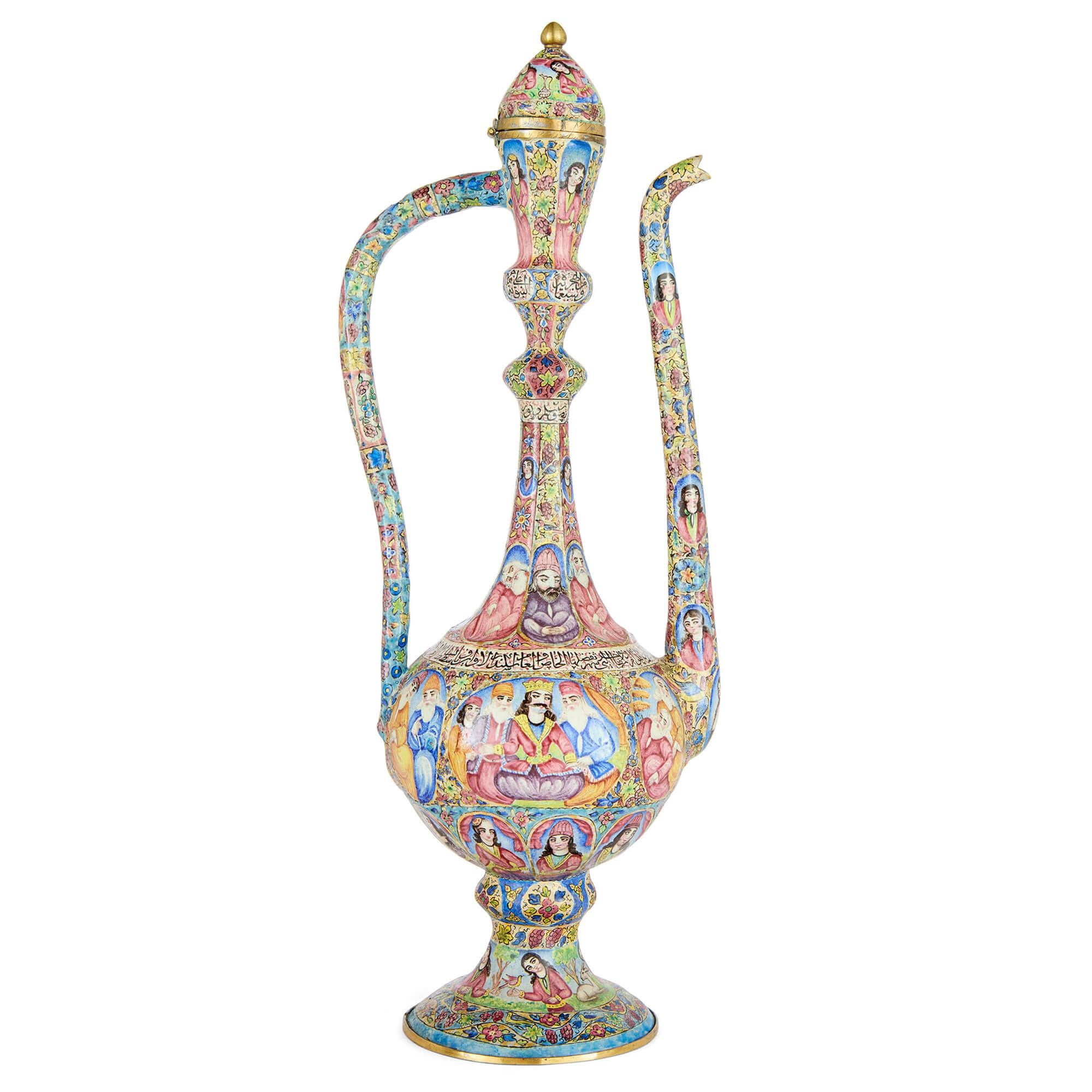 Persiano Vaso persiano Qajar antico in metallo smaltato Minakari in vendita