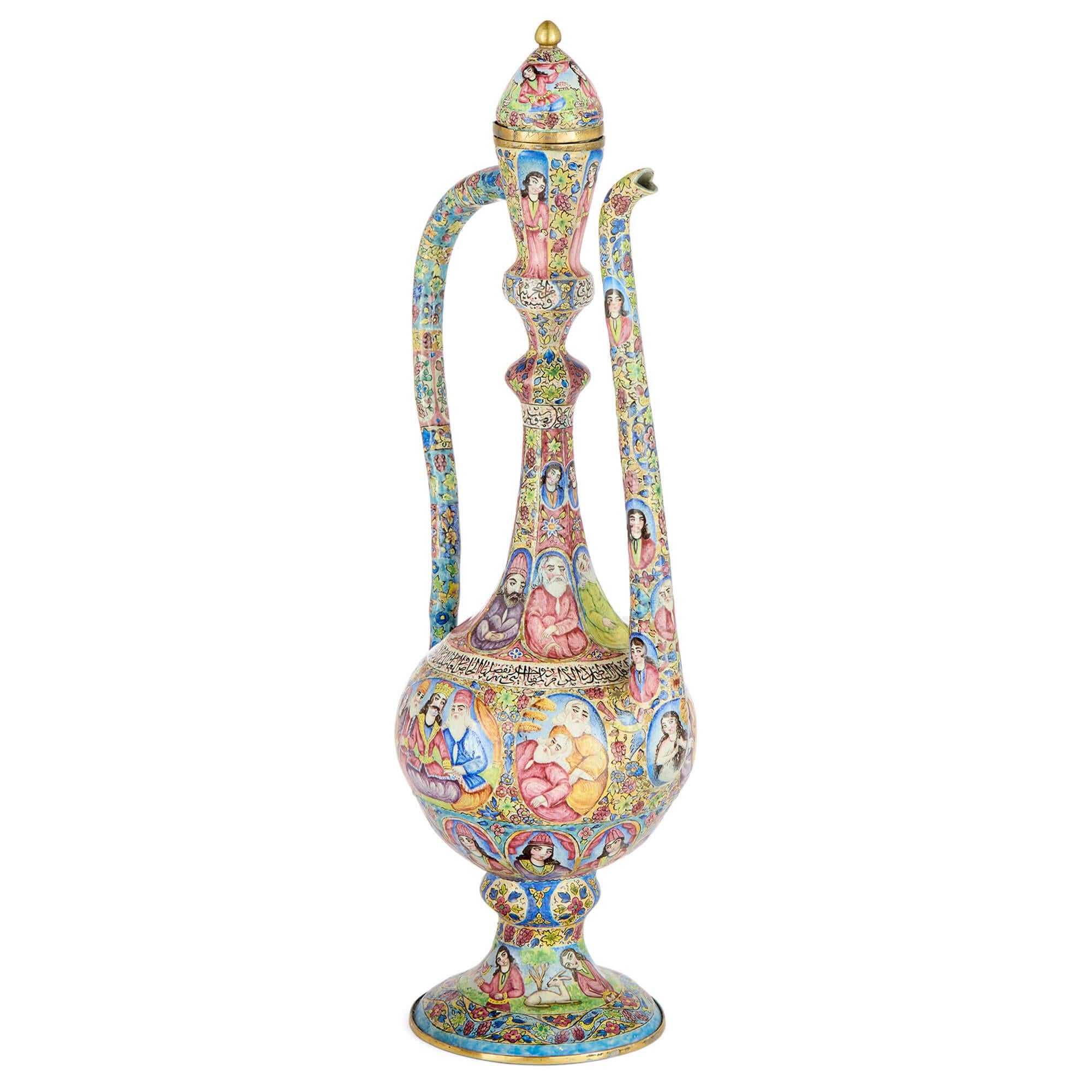 Smaltato Vaso persiano Qajar antico in metallo smaltato Minakari in vendita